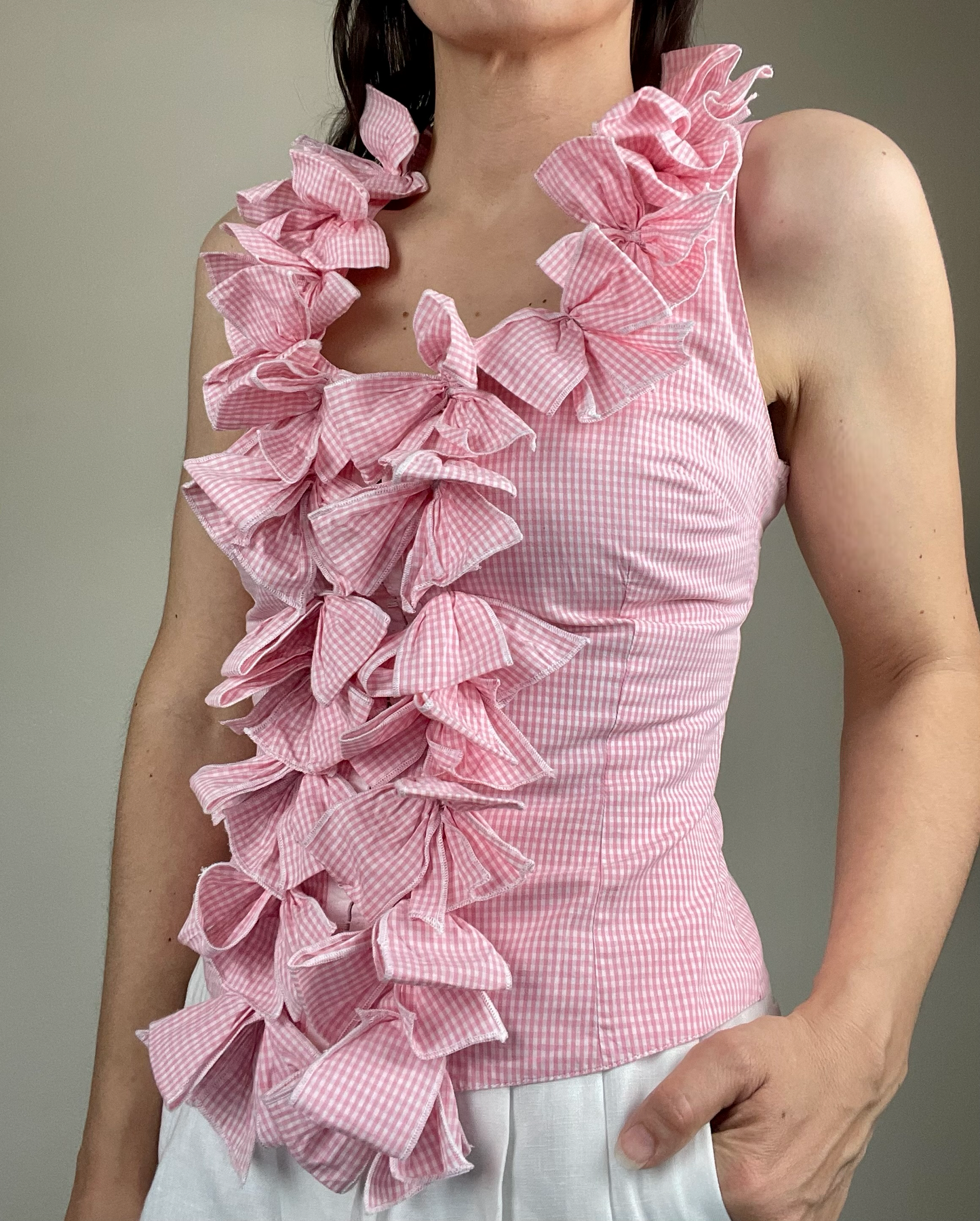Anne Fontaine pink and white gingham bow top
