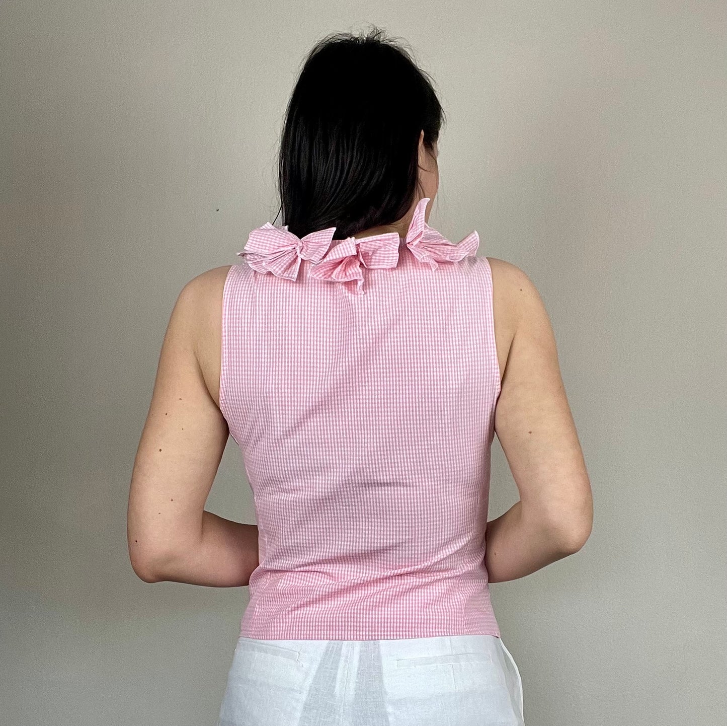 Anne Fontaine pink and white gingham bow top