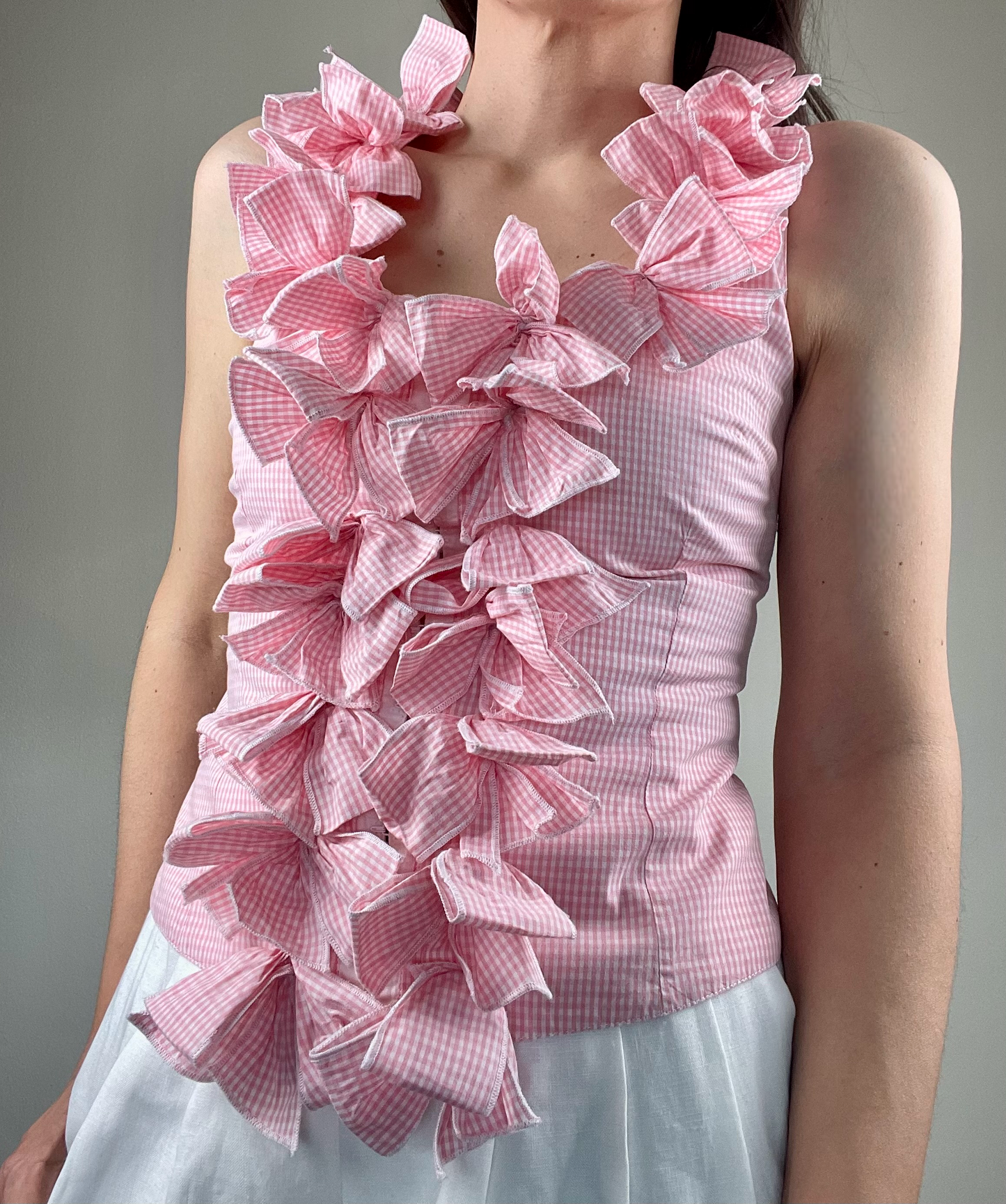 Anne Fontaine pink and white gingham bow top