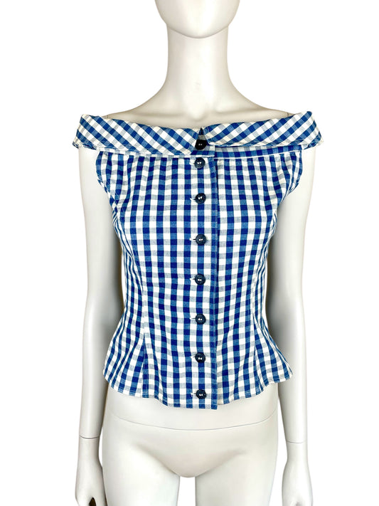 Chantal Thomass blue white gingham off shoulder with back bow