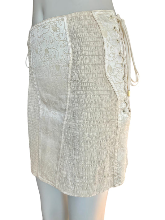 Alberta Ferretti ivory smocked lace up mini skirt