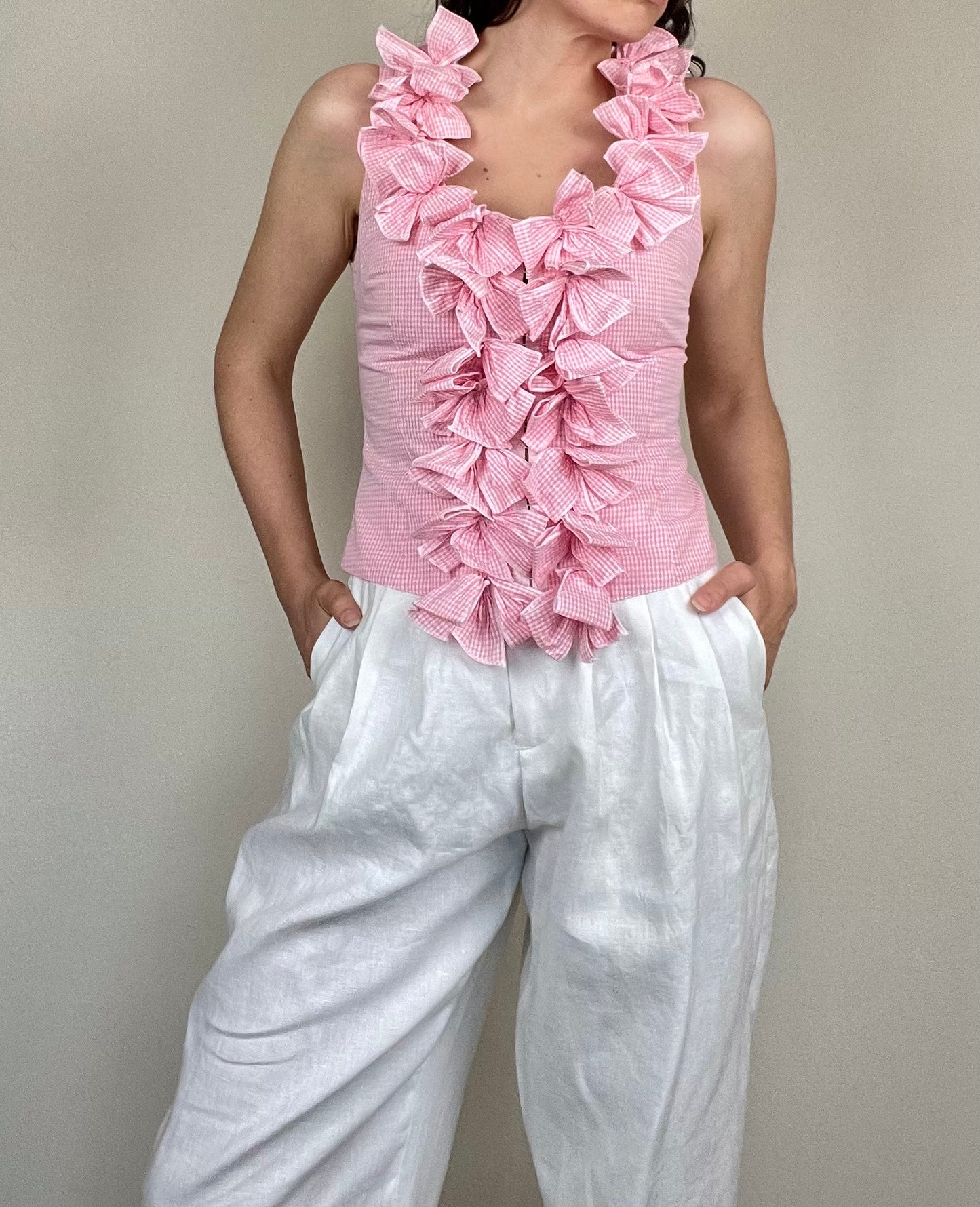 Anne Fontaine pink and white gingham bow top
