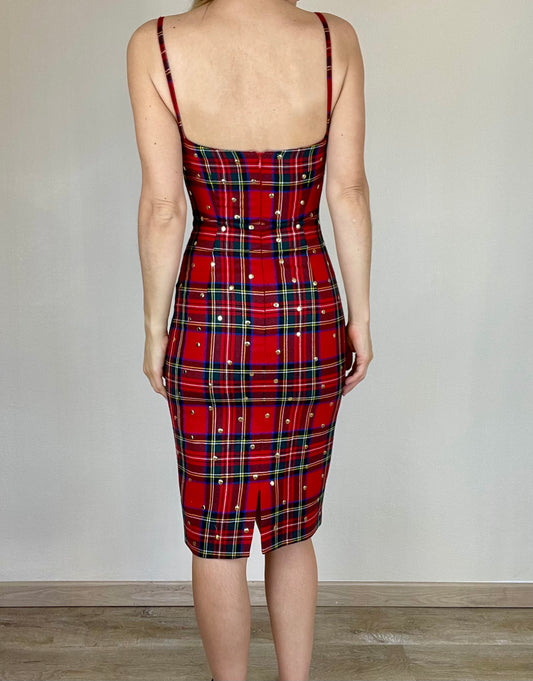Dolce and Gabbana red plaid studded bodycon dress