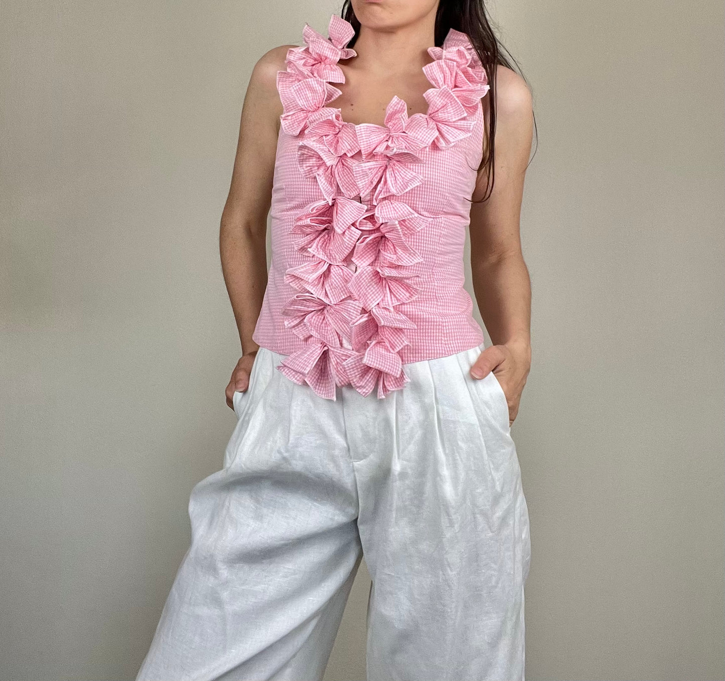Anne Fontaine pink and white gingham bow top