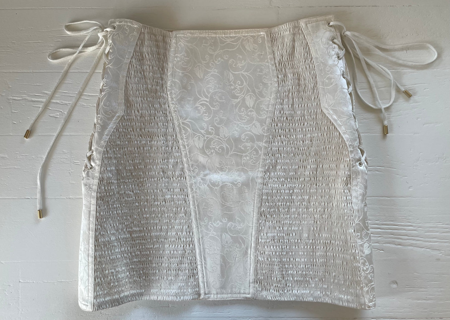 Alberta Ferretti ivory smocked lace up mini skirt