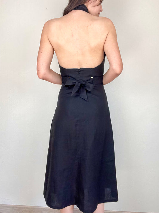 Max Mara black linen halter neck apron dress