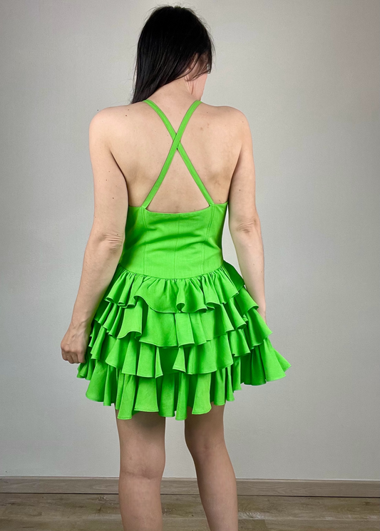 Byblos apple green linen ruffled corset mini dress