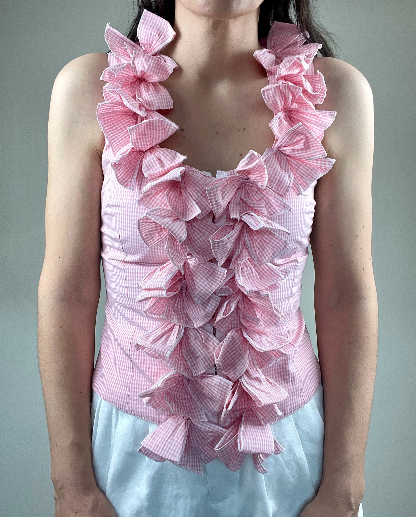 Anne Fontaine pink and white gingham bow top