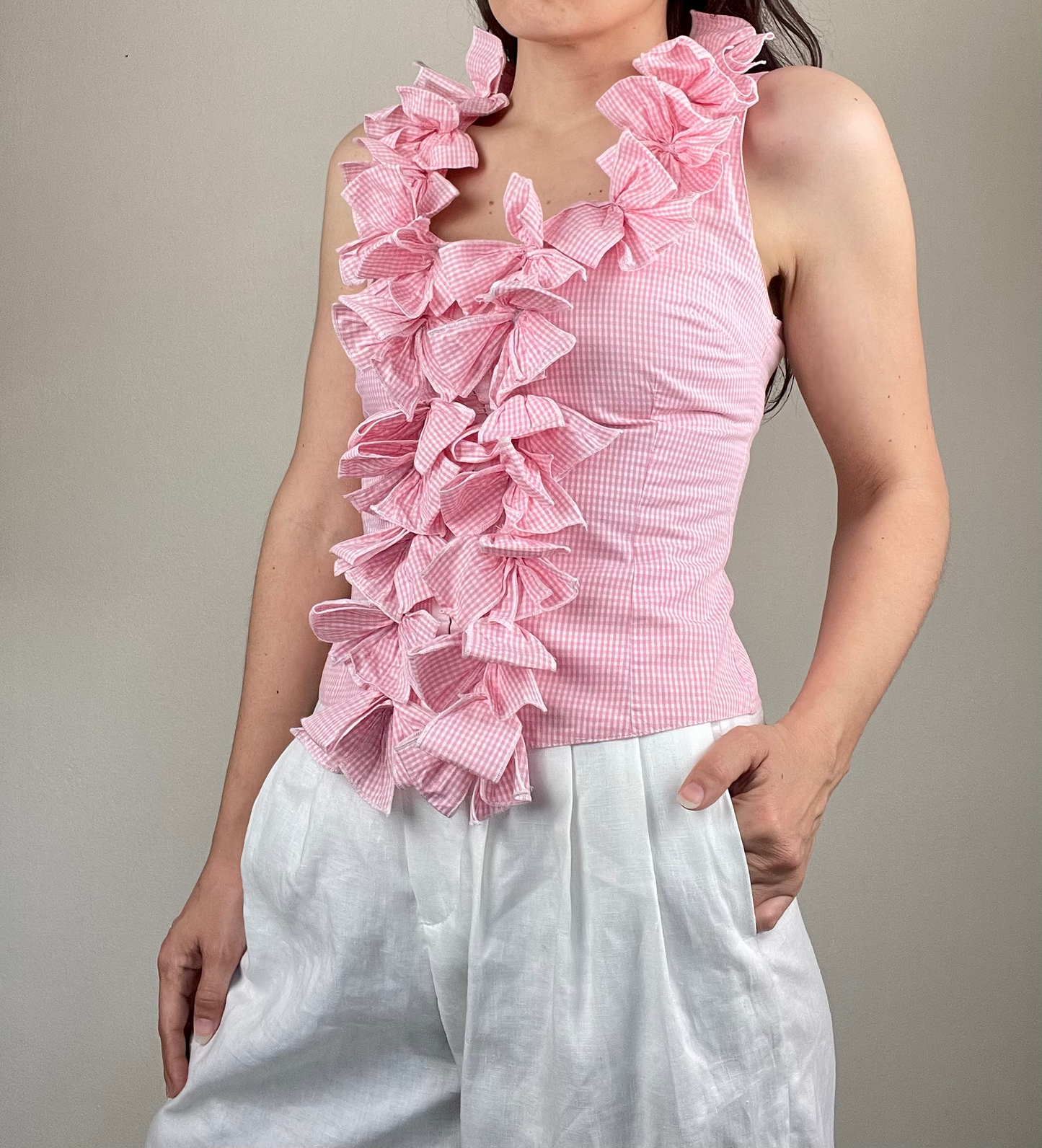 Anne Fontaine pink and white gingham bow top