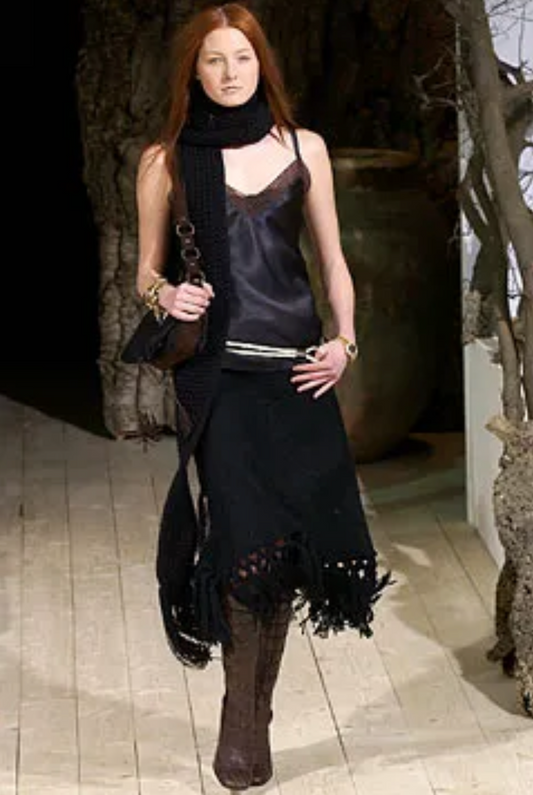 Dolce and Gabbana Fall Winter 2002 black wool skirt asymmetrical fringed hem