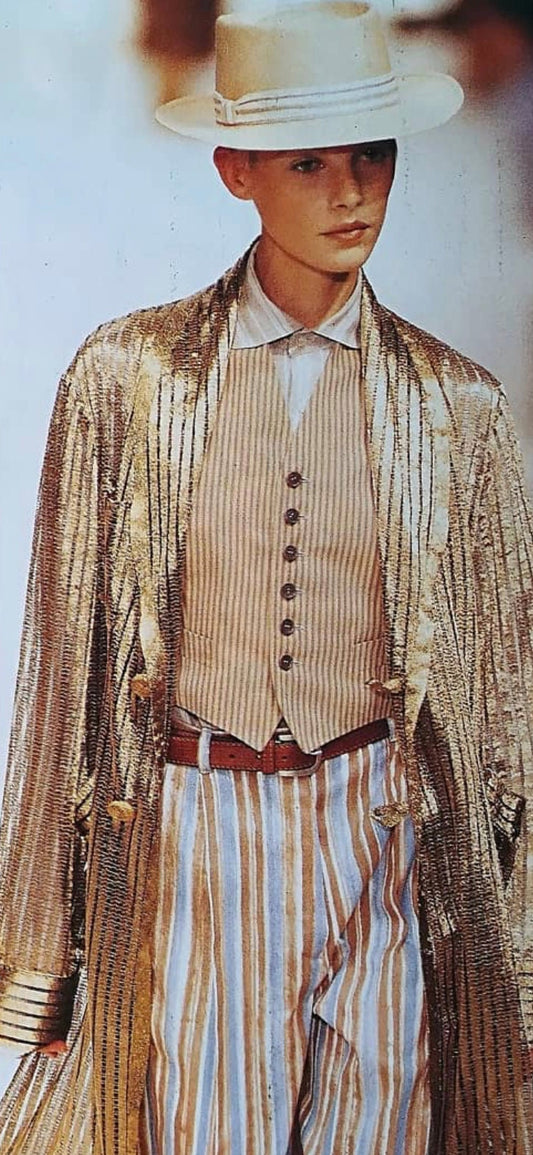 Romeo Gigli Spring Summer 1994 striped fishnet duster jacket