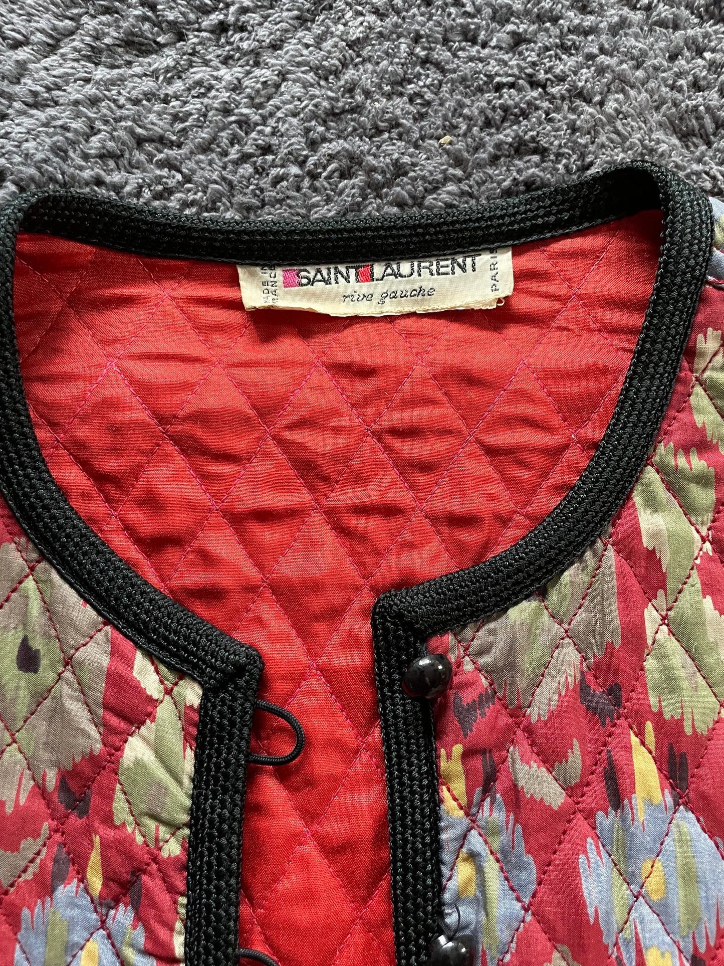Yves Saint Laurent Rive Gauche Fall Winter 1979 quilted ikat print jacket