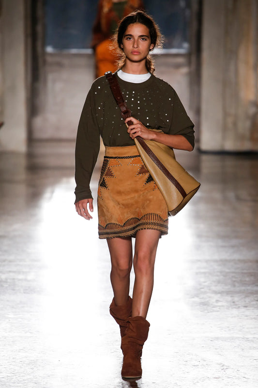Alberta Ferretti Resort 2019 brown leather studded mini skirt