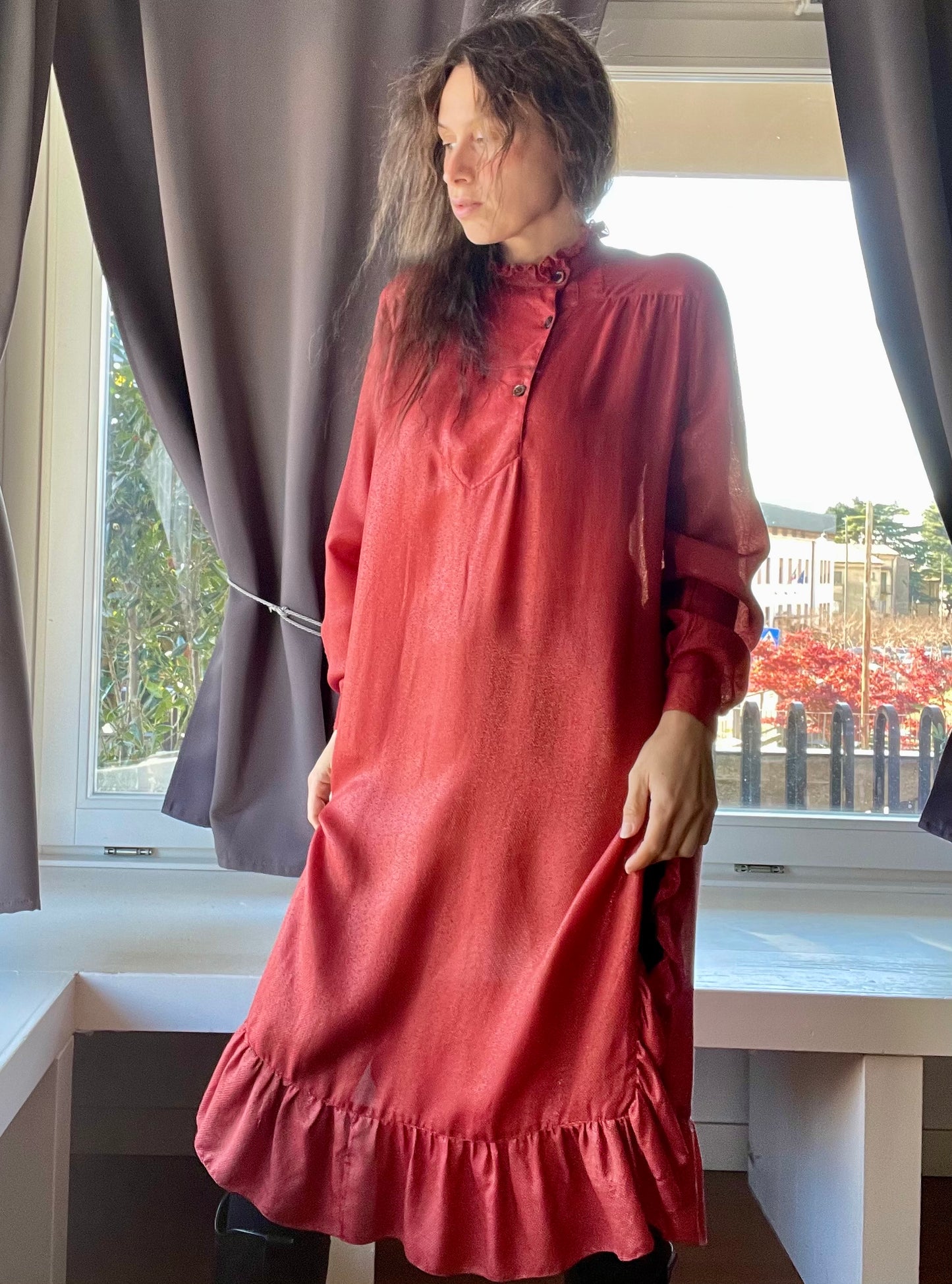 Laura Biagiotti silk ruffled coral red dress