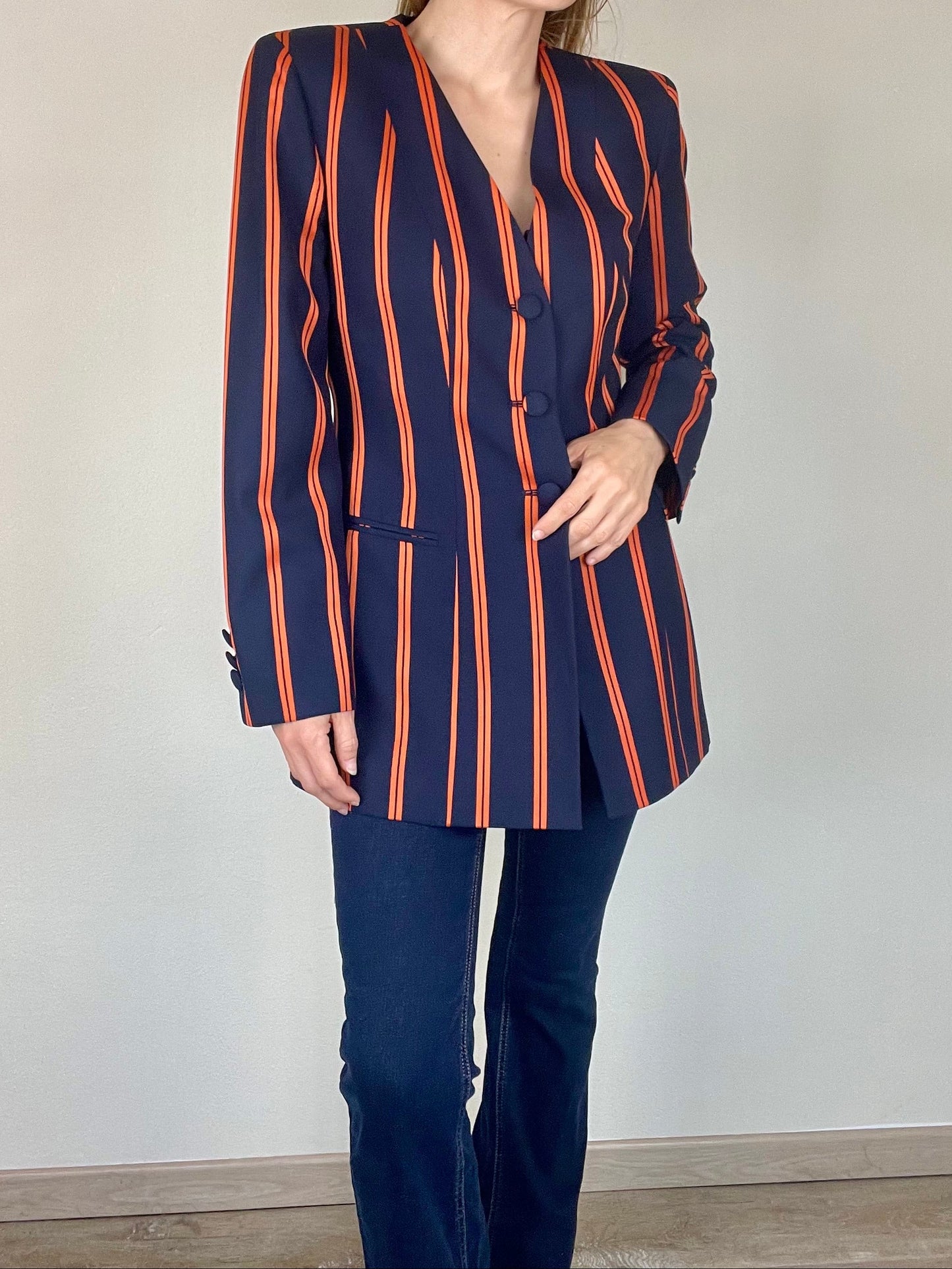 Moschino Couture navy and orange stripe blazer jacket