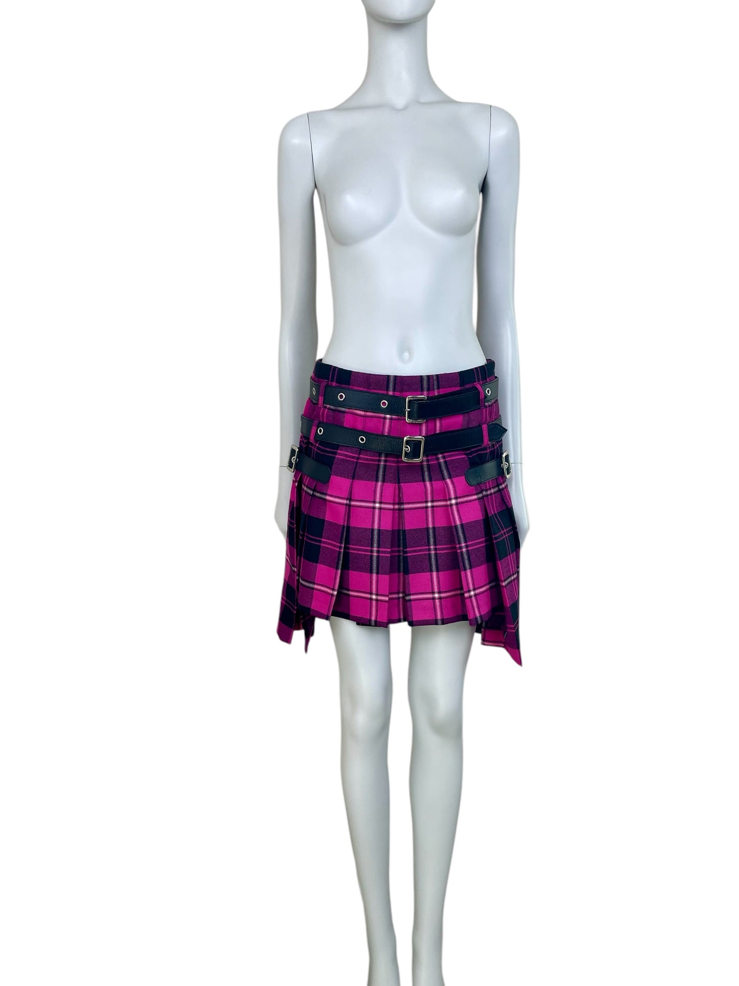 Dolce and Gabbana bondage pink plaid pleated mini skirt with leather belts