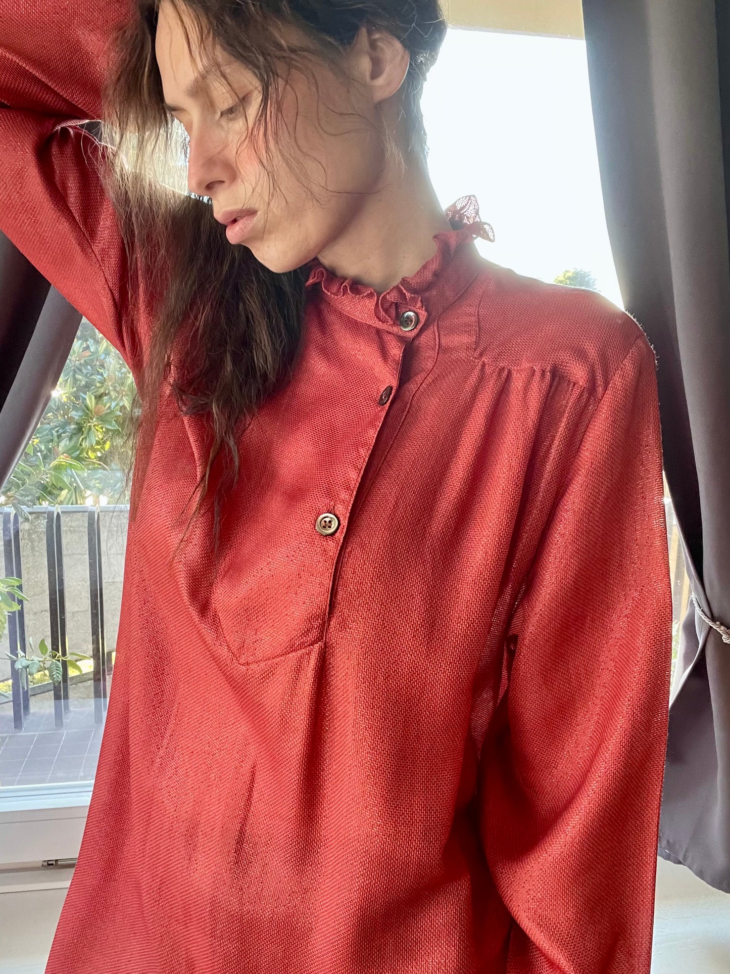 Laura Biagiotti silk ruffled coral red dress