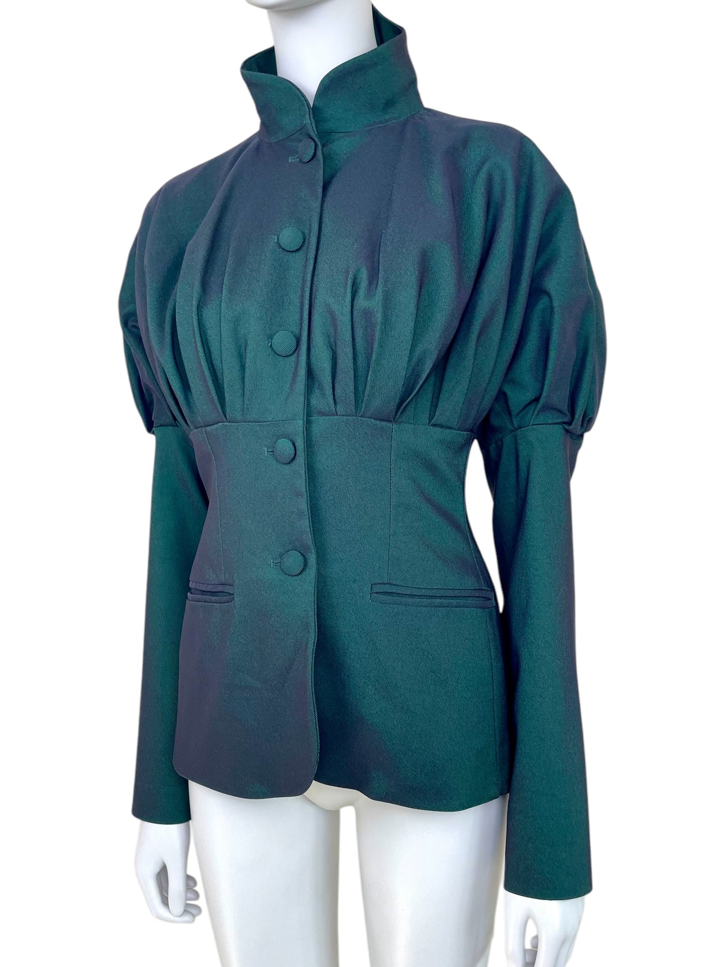 Romeo Gigli Fall Winter 1992 iridescent dark green pleated blazer jacket