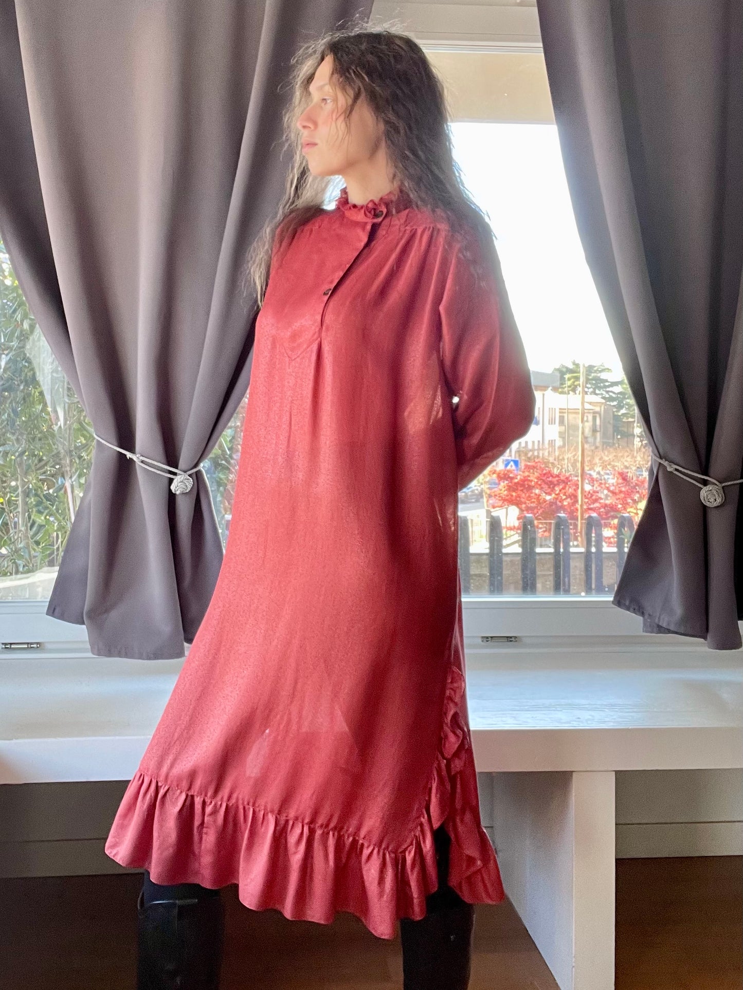 Laura Biagiotti silk ruffled coral red dress