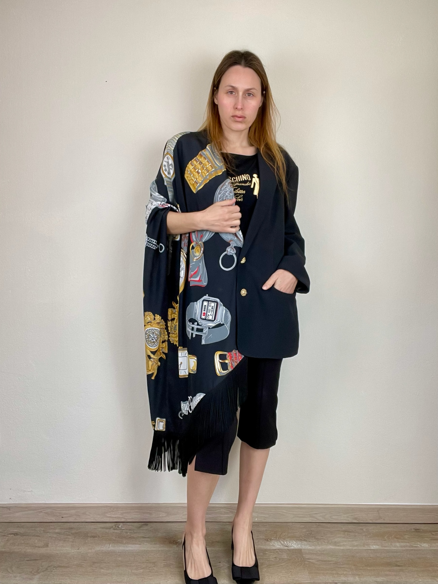 Moschino Fall Winter 1986 novelty print shawl blazer jacket