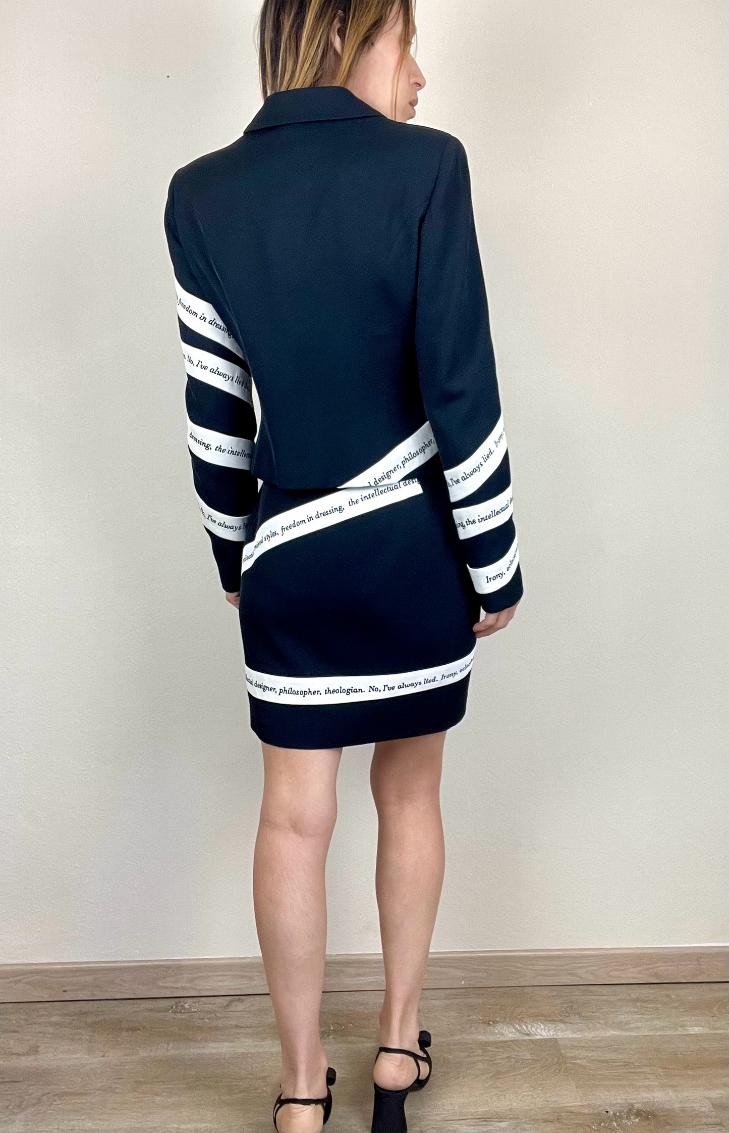 Moschino Cheap and Chic iconic text skirt suit the nanny Fran Fine