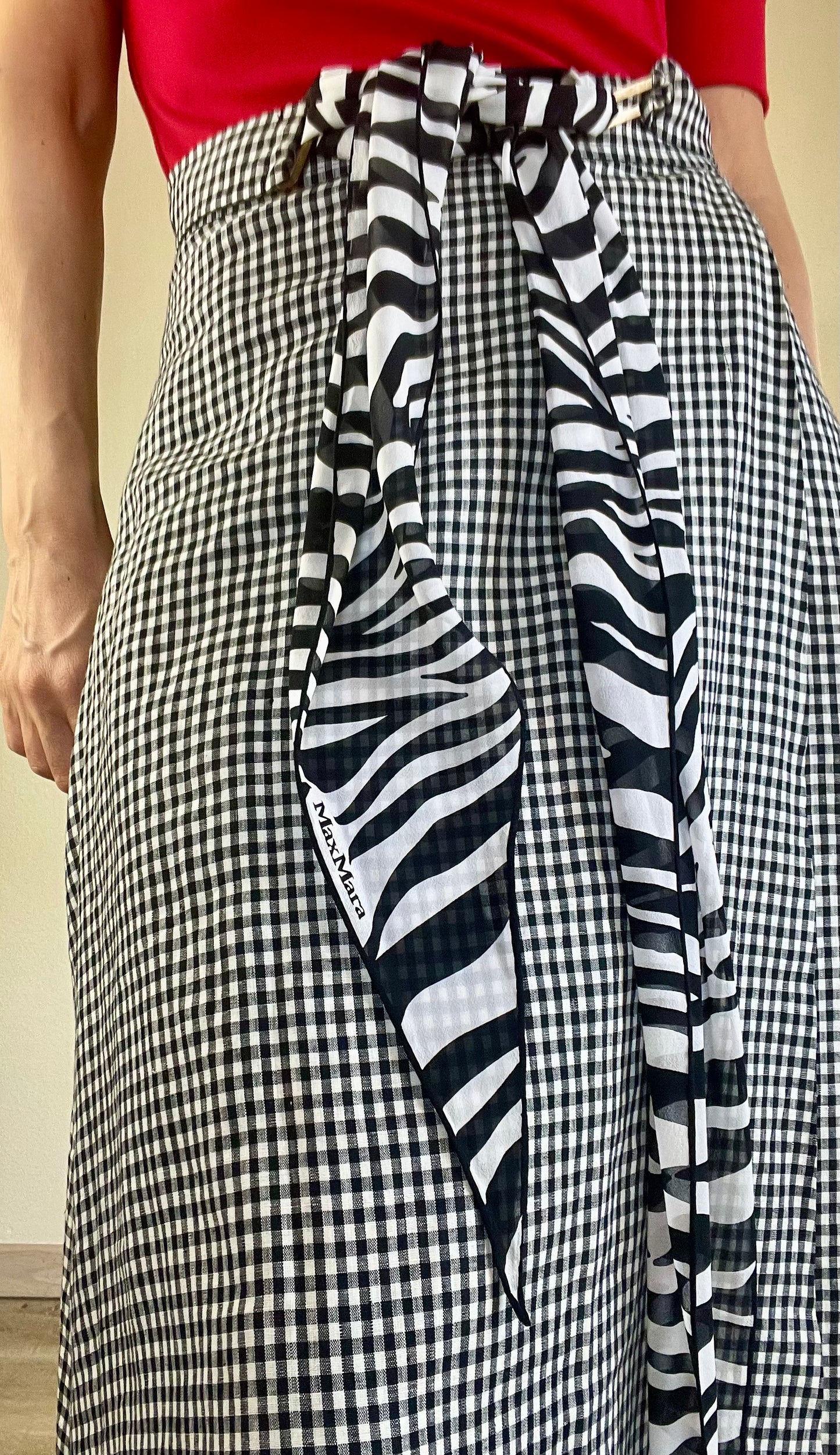 Max Mara linen gingham skirt with zebra scarf