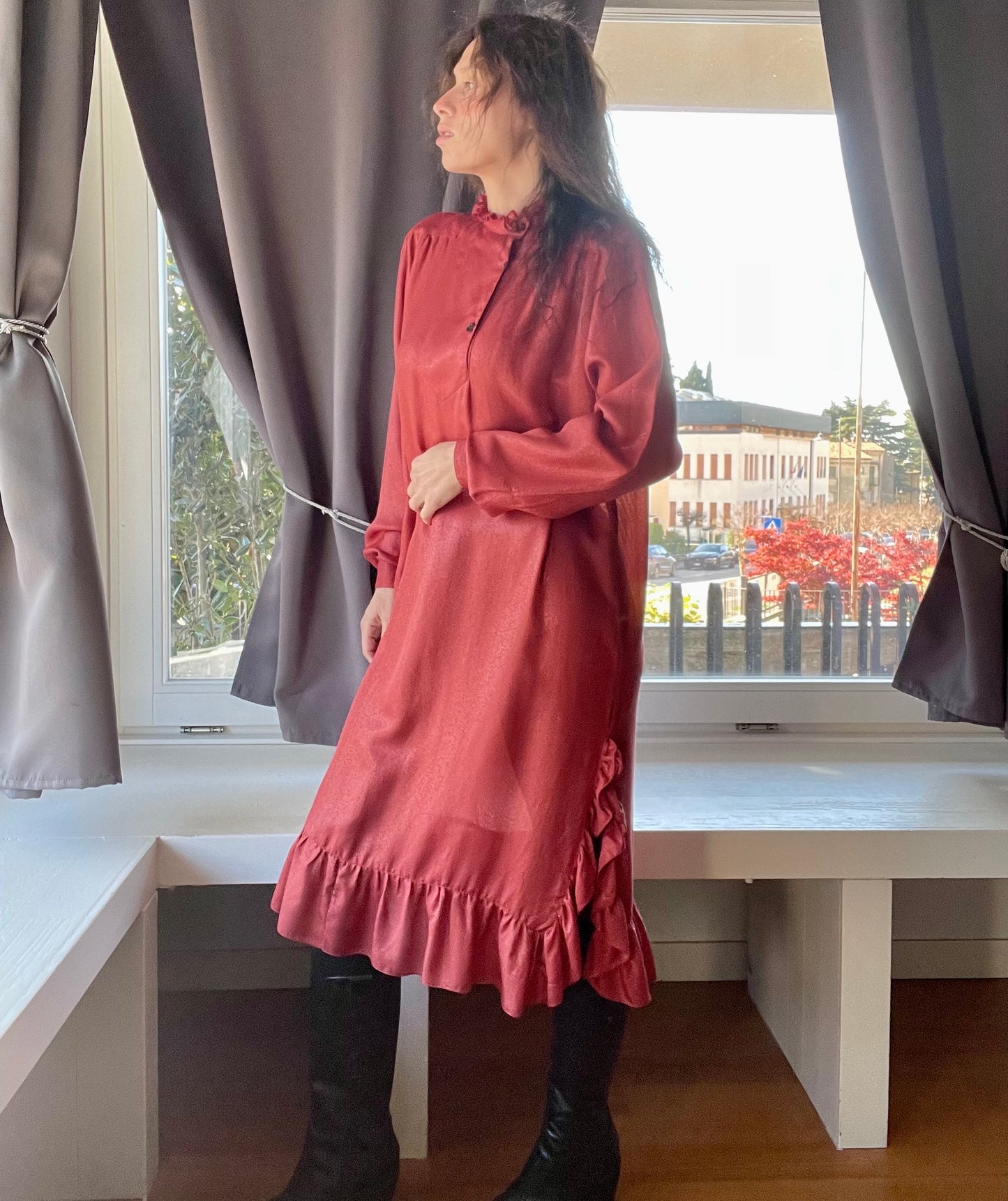 Laura Biagiotti silk ruffled coral red dress