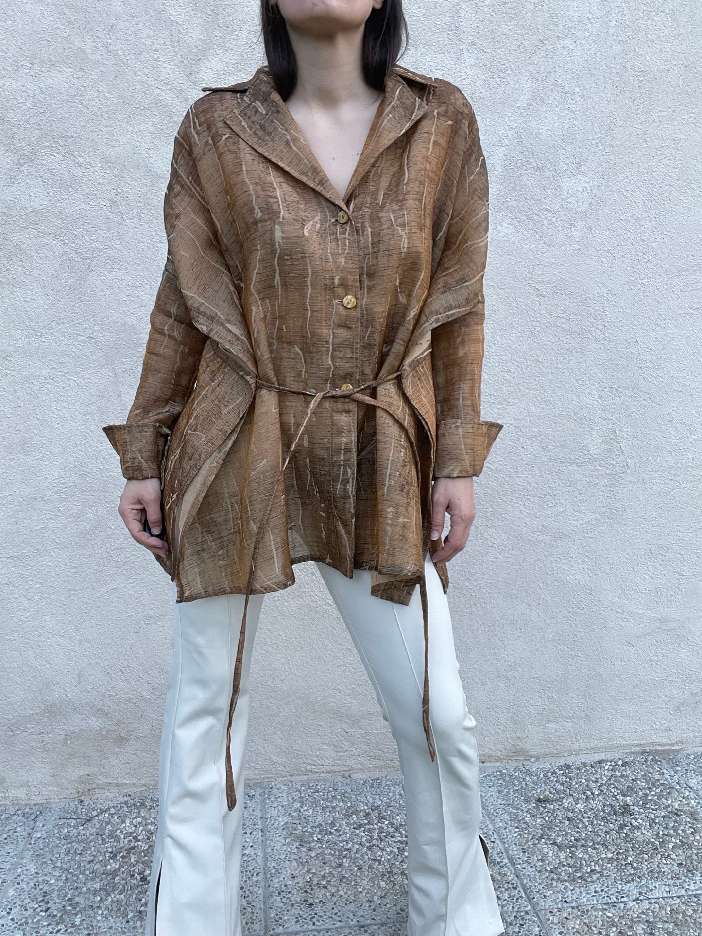 Gianfranco Ferré brown and beige cotton kimono shirt jacket