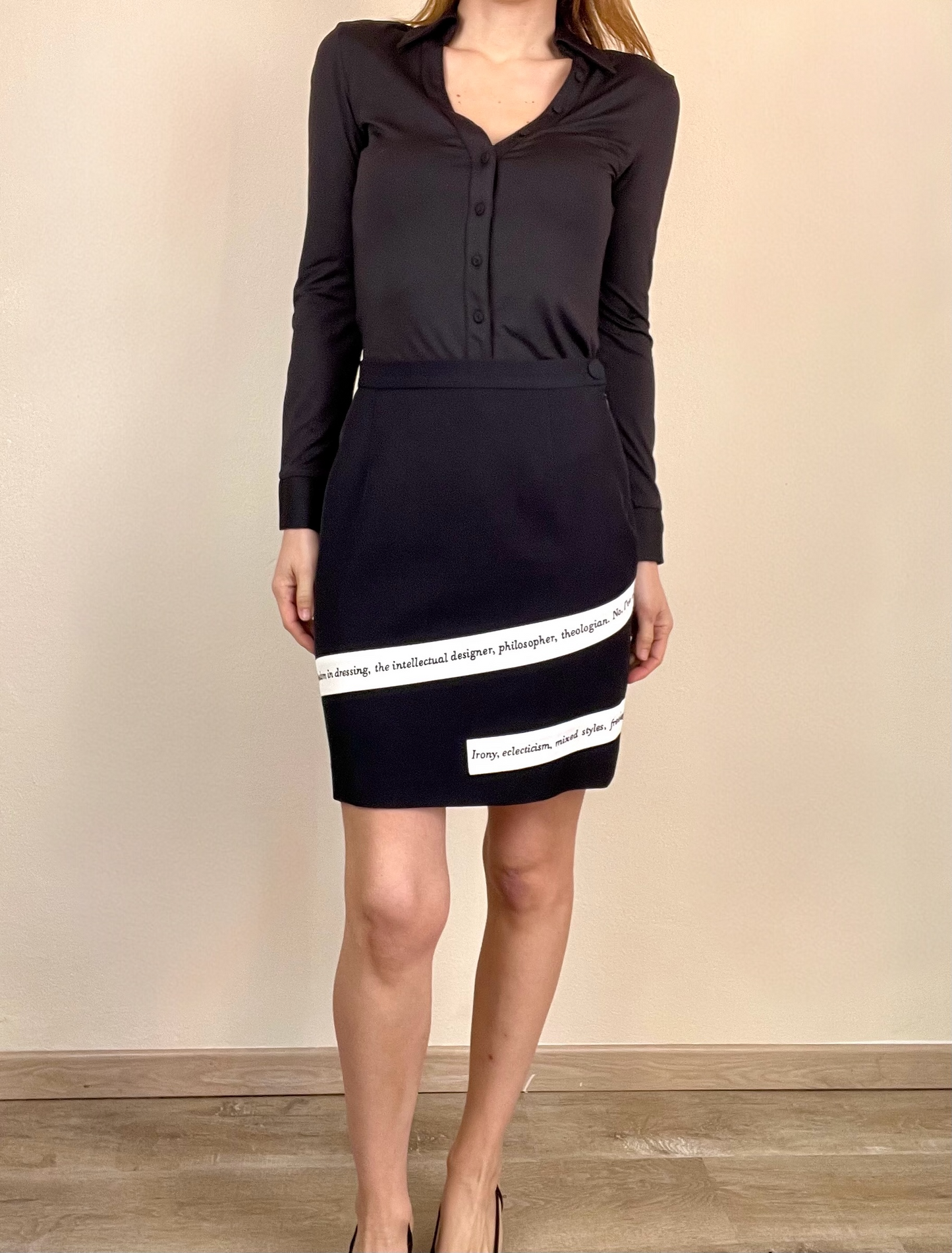 Moschino Cheap and Chic iconic text skirt suit the nanny Fran Fine