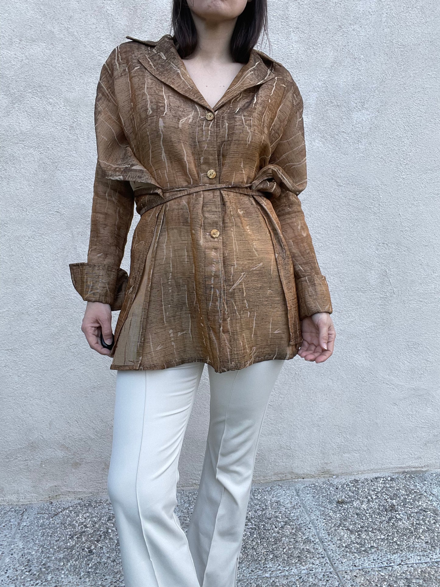 Gianfranco Ferré brown and beige cotton kimono shirt jacket