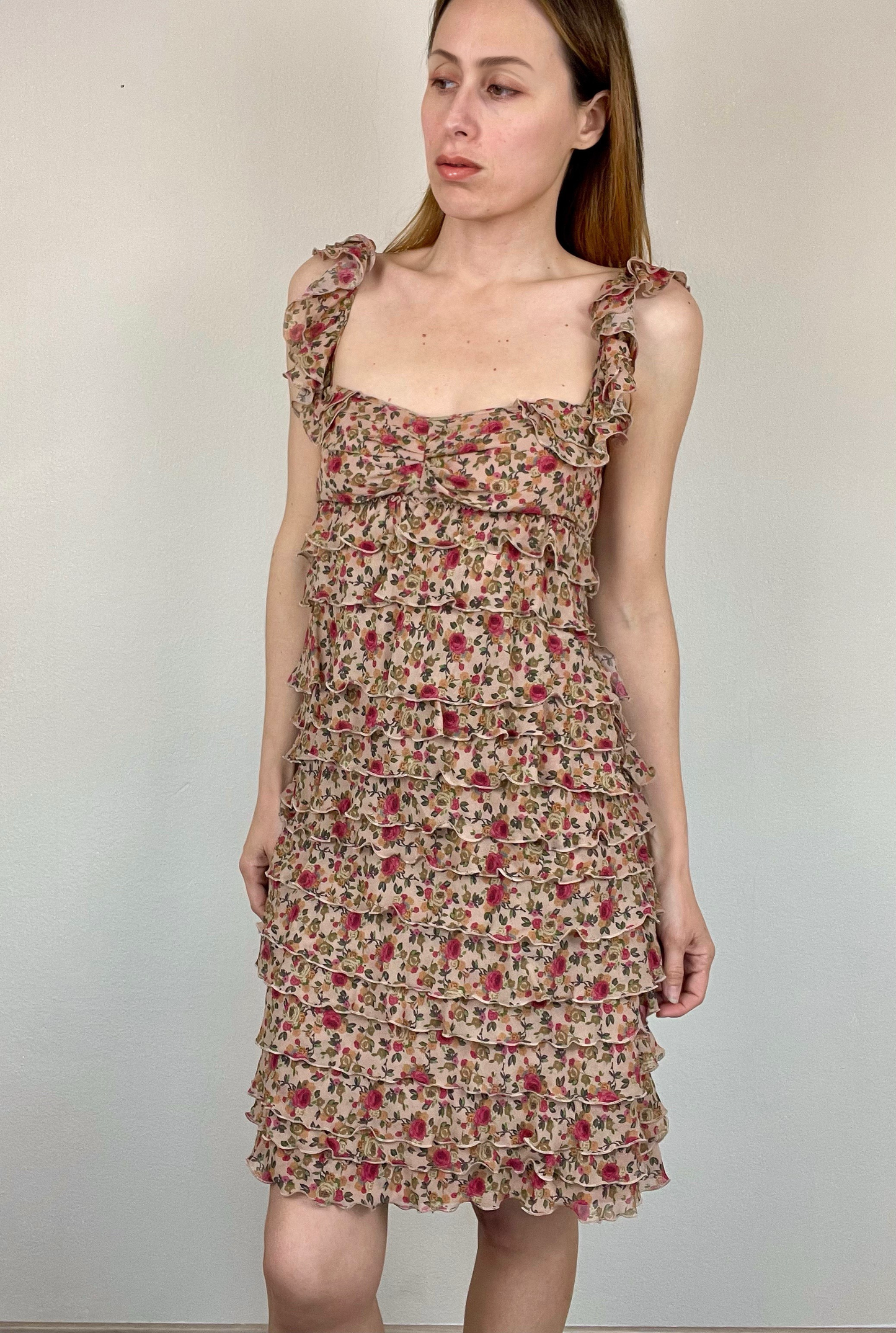Moschino Cheap and Chic floral ruffled tiered silk dress