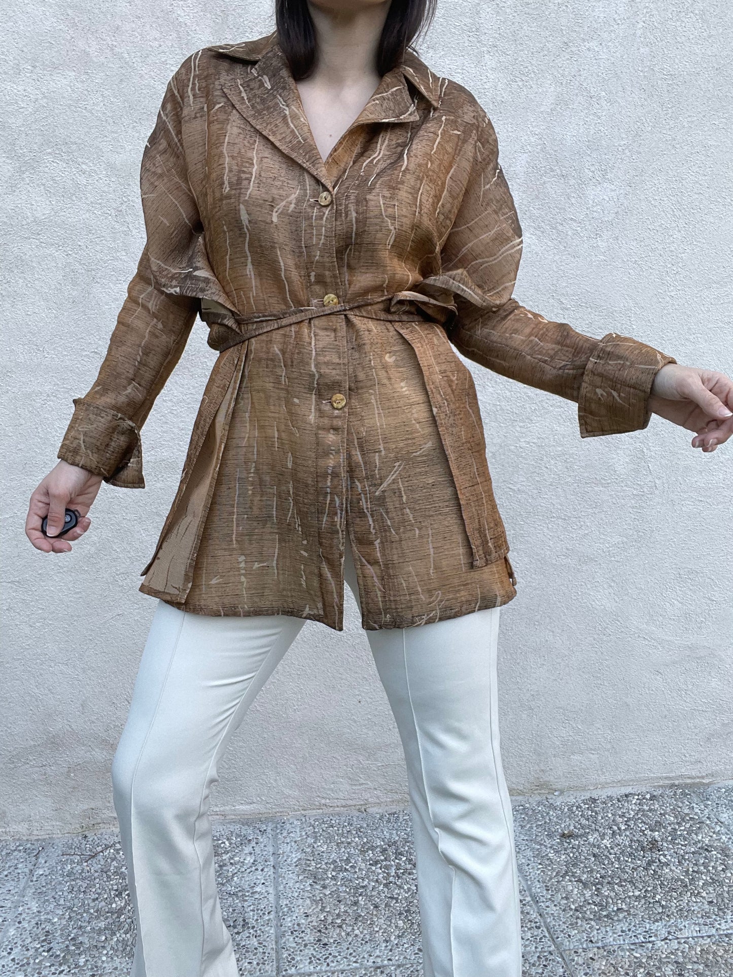 Gianfranco Ferré brown and beige cotton kimono shirt jacket