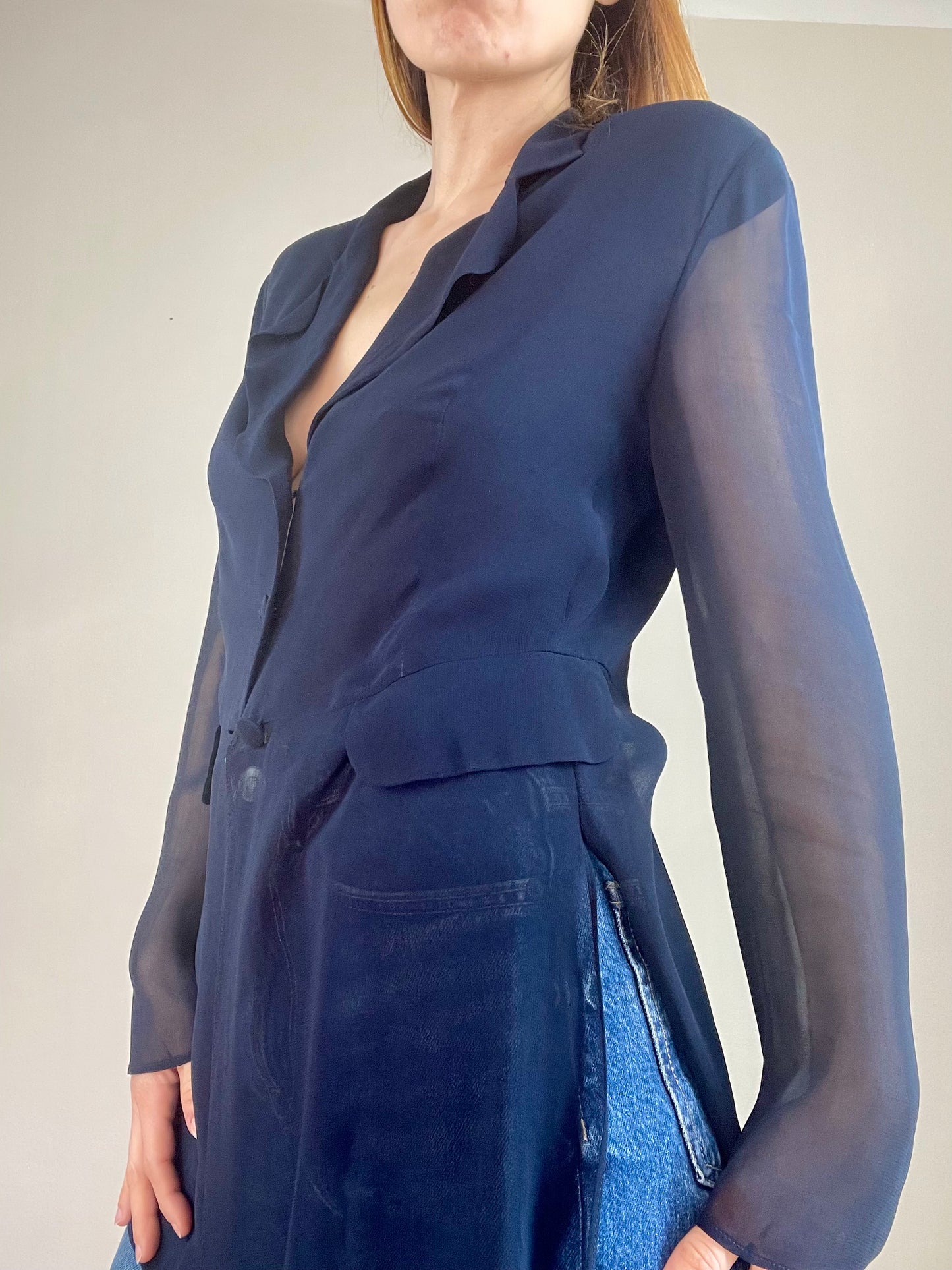 Alberta Ferretti navy blue sheer blouse jacket
