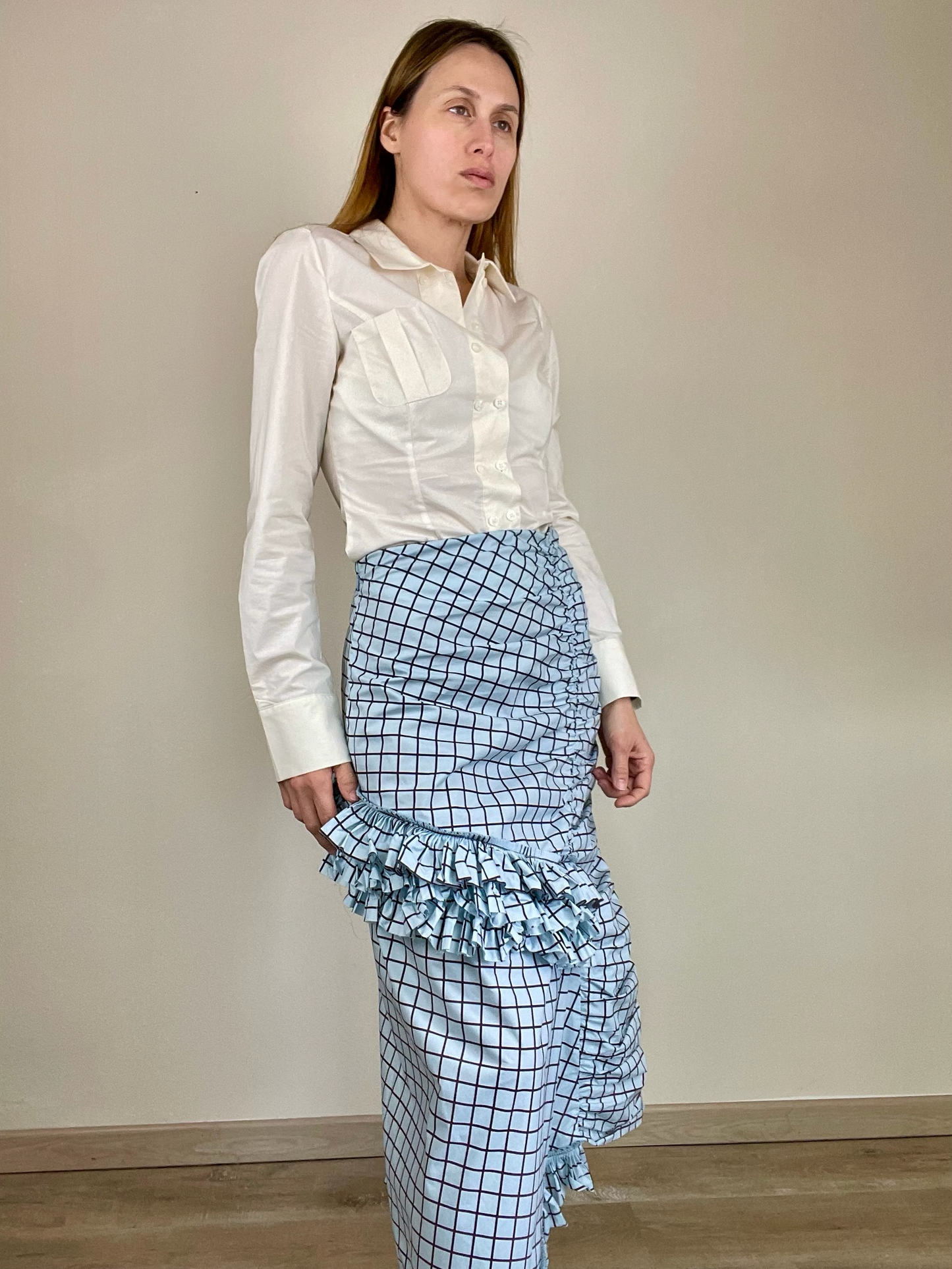 Marni checkered asymmetrical ruffled cotton skirt
