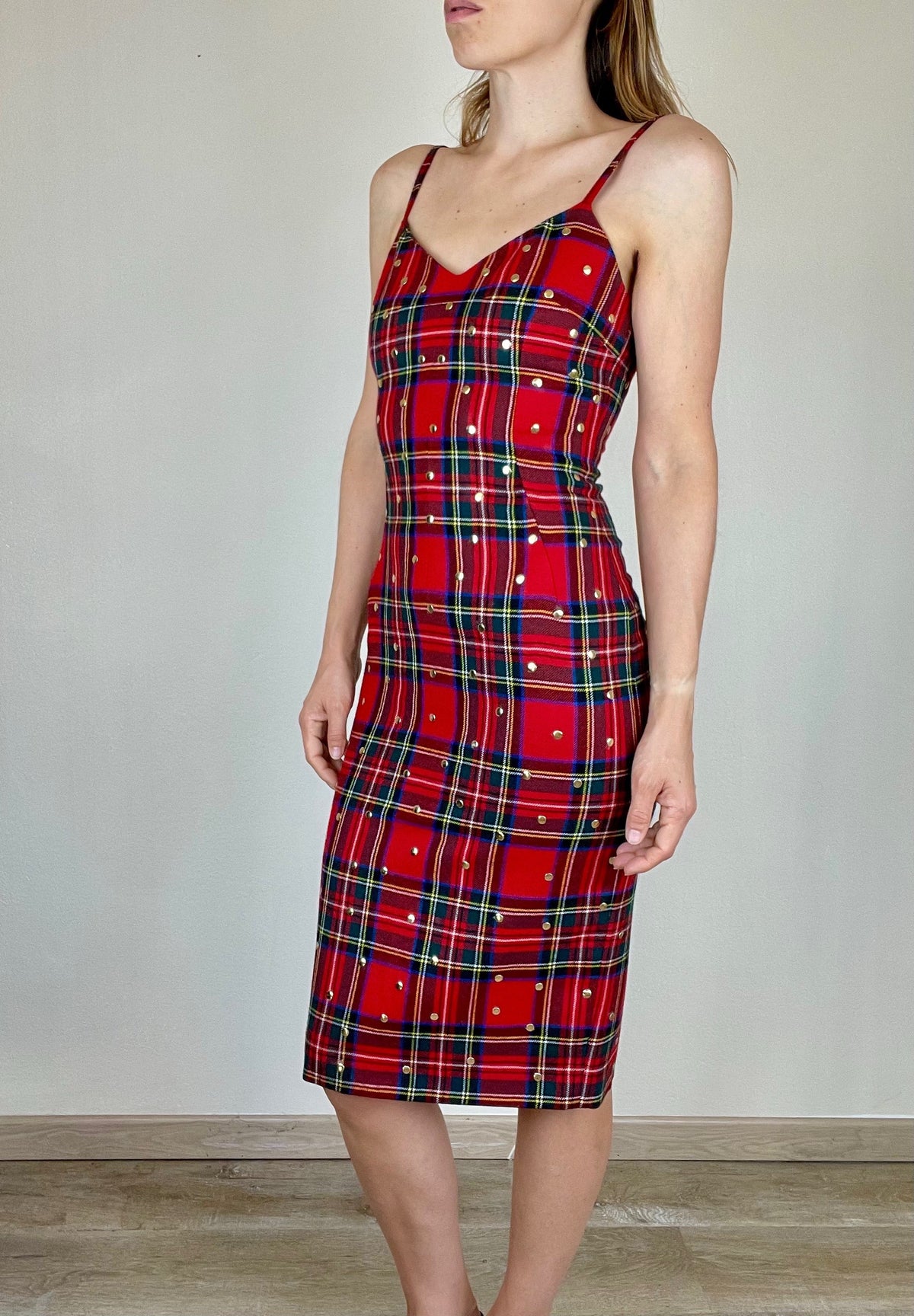 Dolce and Gabbana red plaid studded bodycon dress