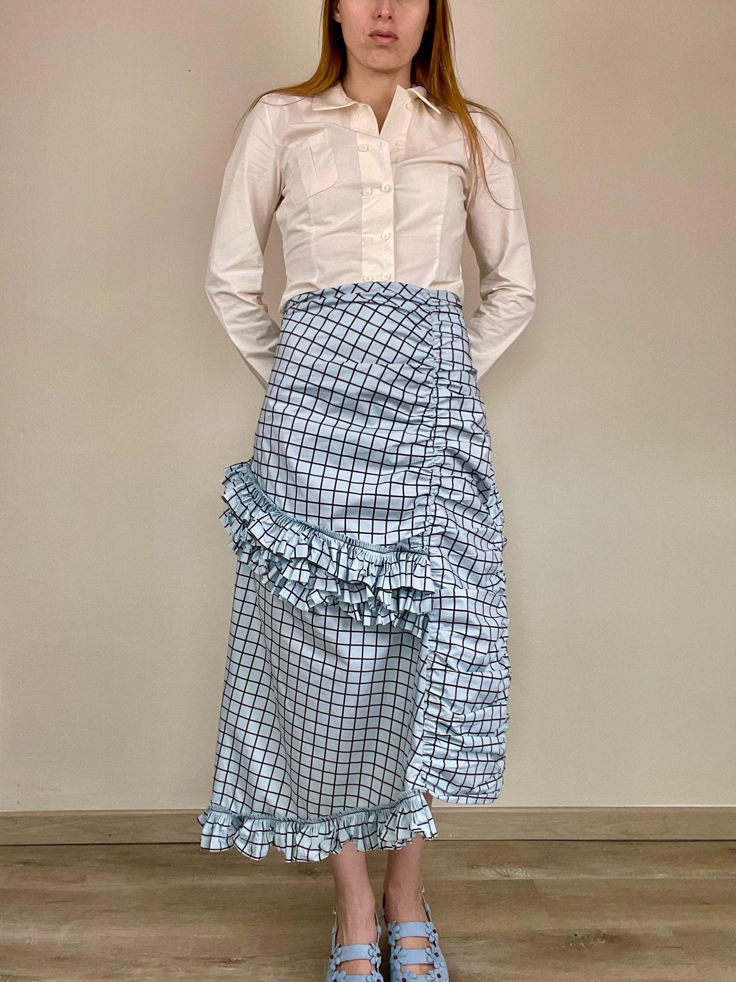 Marni checkered asymmetrical ruffled cotton skirt