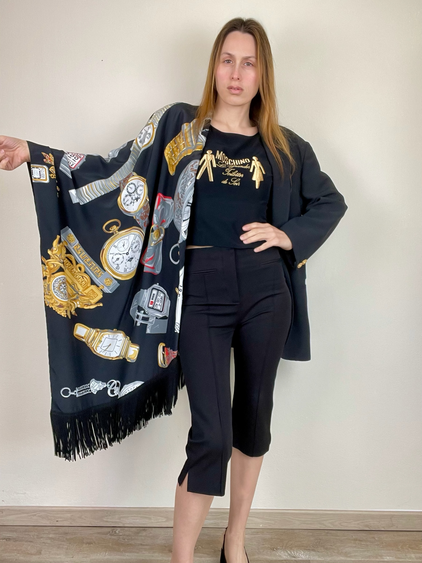 Moschino Fall Winter 1986 novelty print shawl blazer jacket