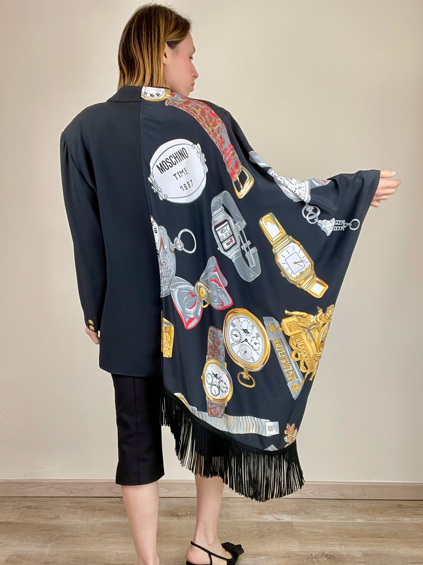 Moschino Fall Winter 1986 novelty print shawl blazer jacket