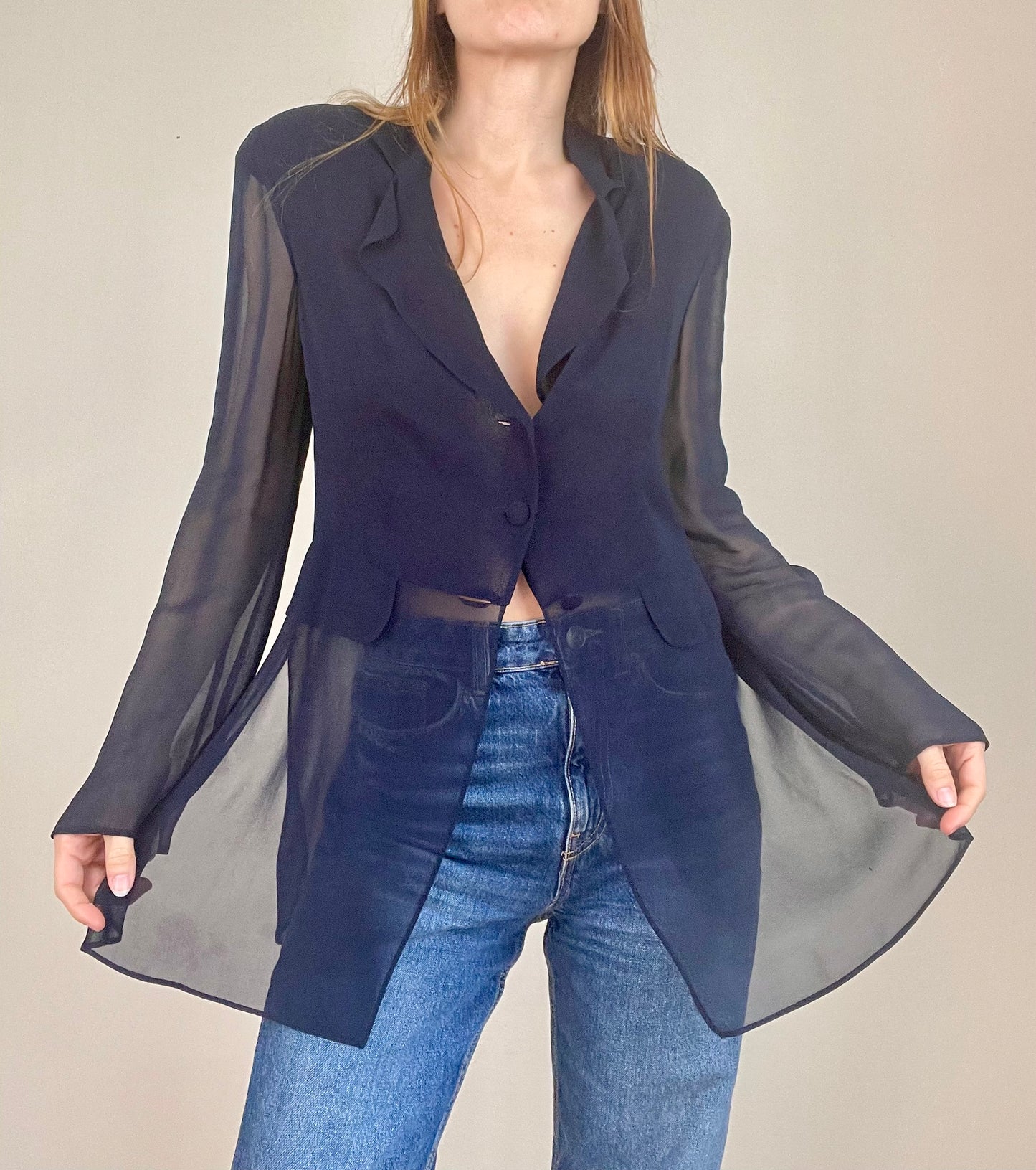 Alberta Ferretti navy blue sheer blouse jacket