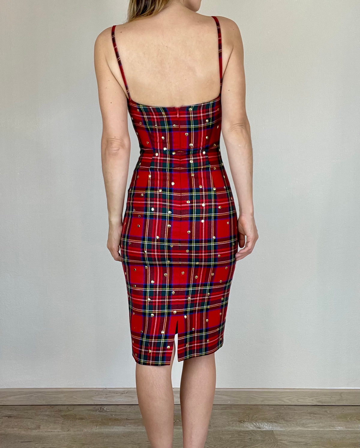 Dolce and Gabbana red plaid studded bodycon dress