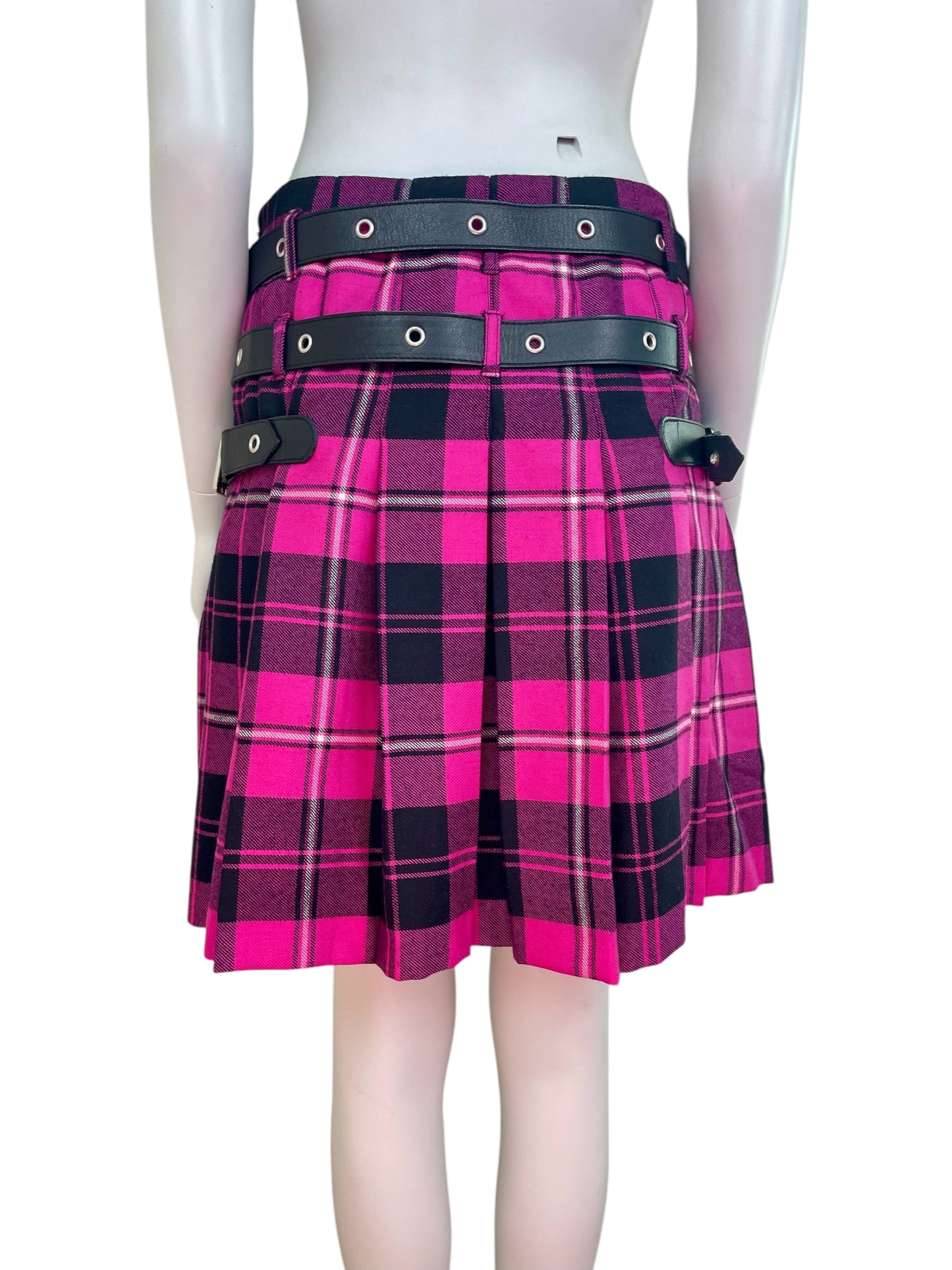 Dolce and Gabbana bondage pink plaid pleated mini skirt with leather belts