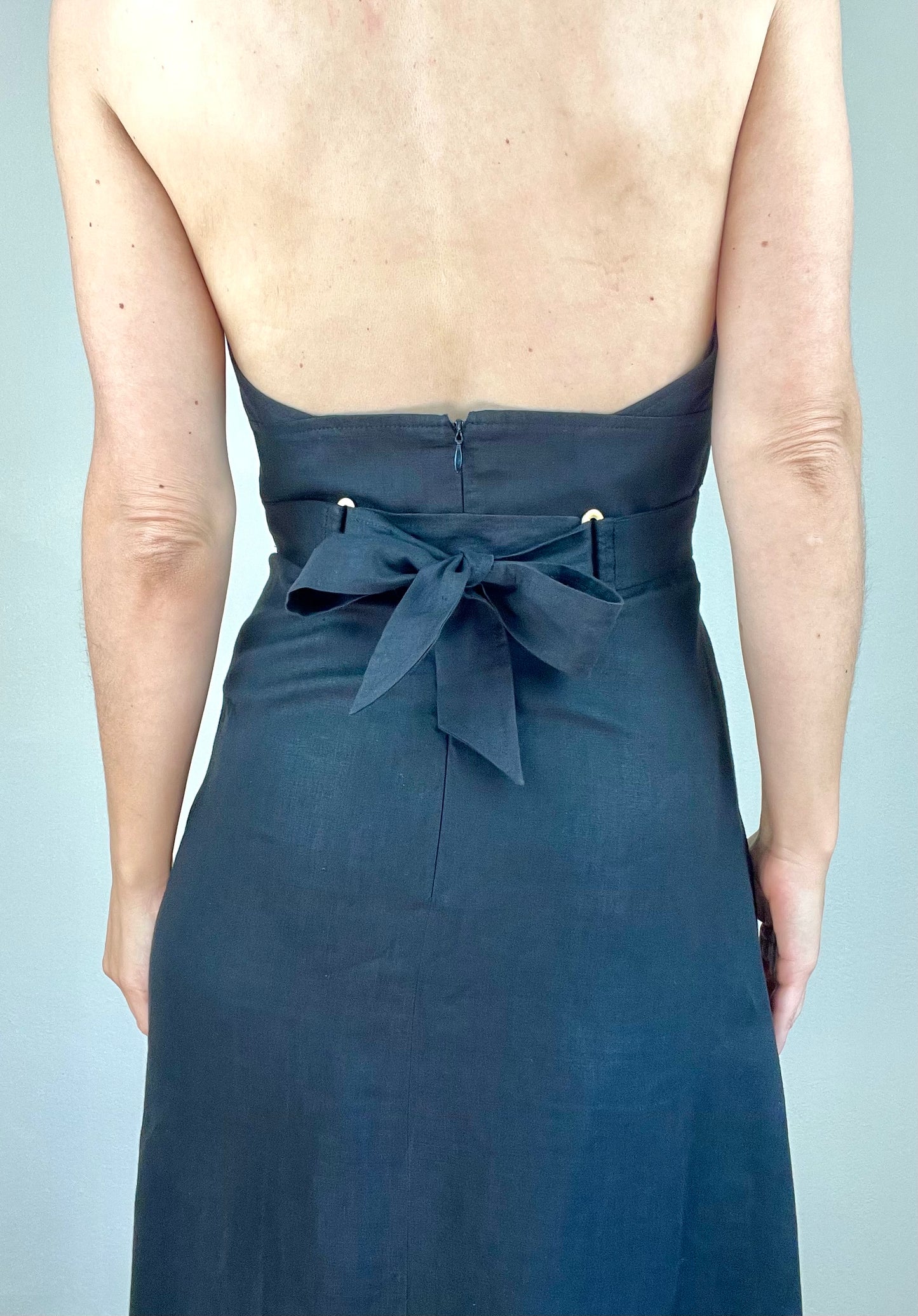 Max Mara black linen halter neck apron dress