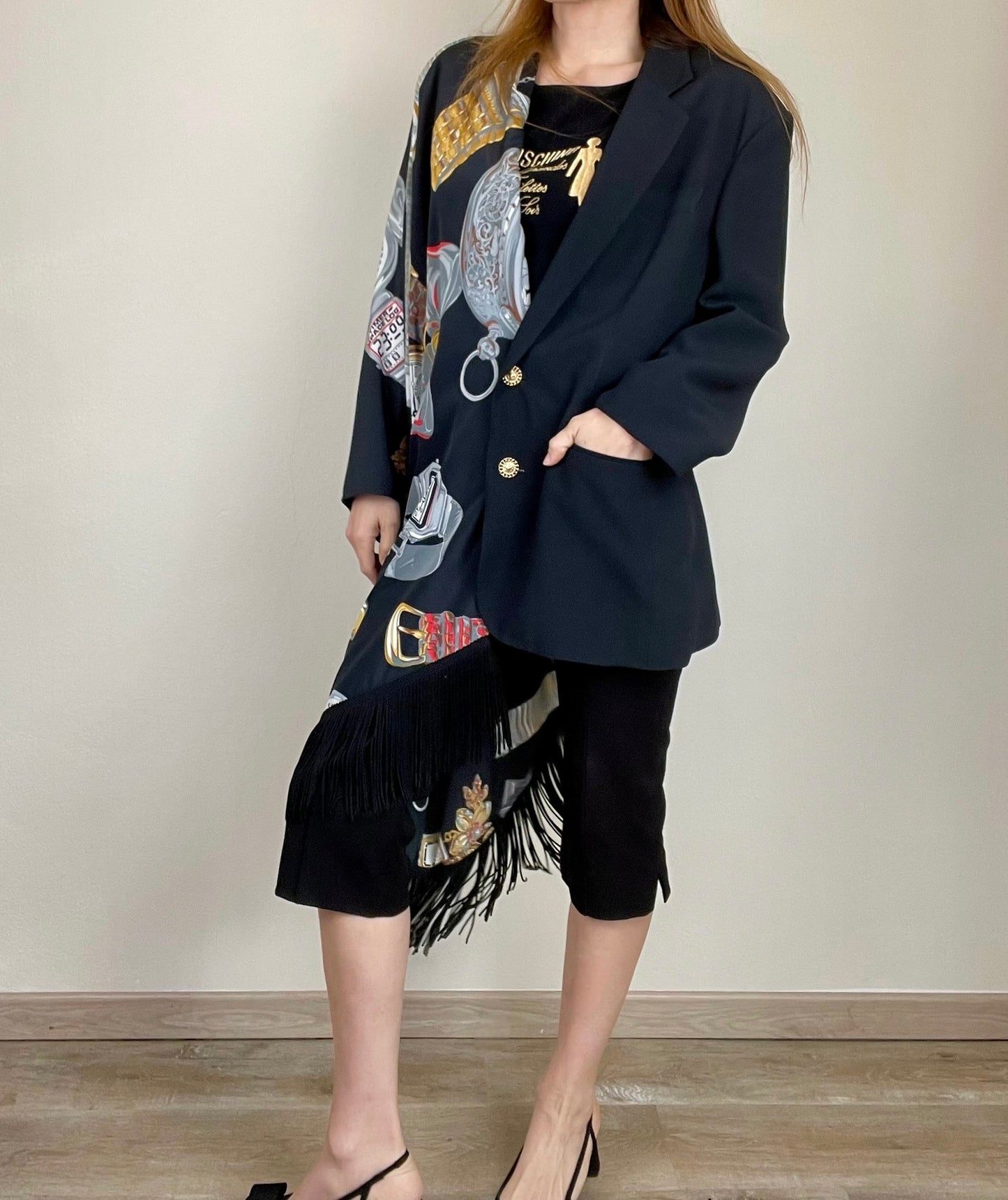 Moschino Fall Winter 1986 novelty print shawl blazer jacket