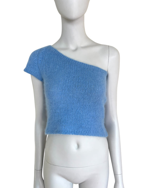 Blumarine Spring Summer 2000 blue knitted Angora one shoulder crop top