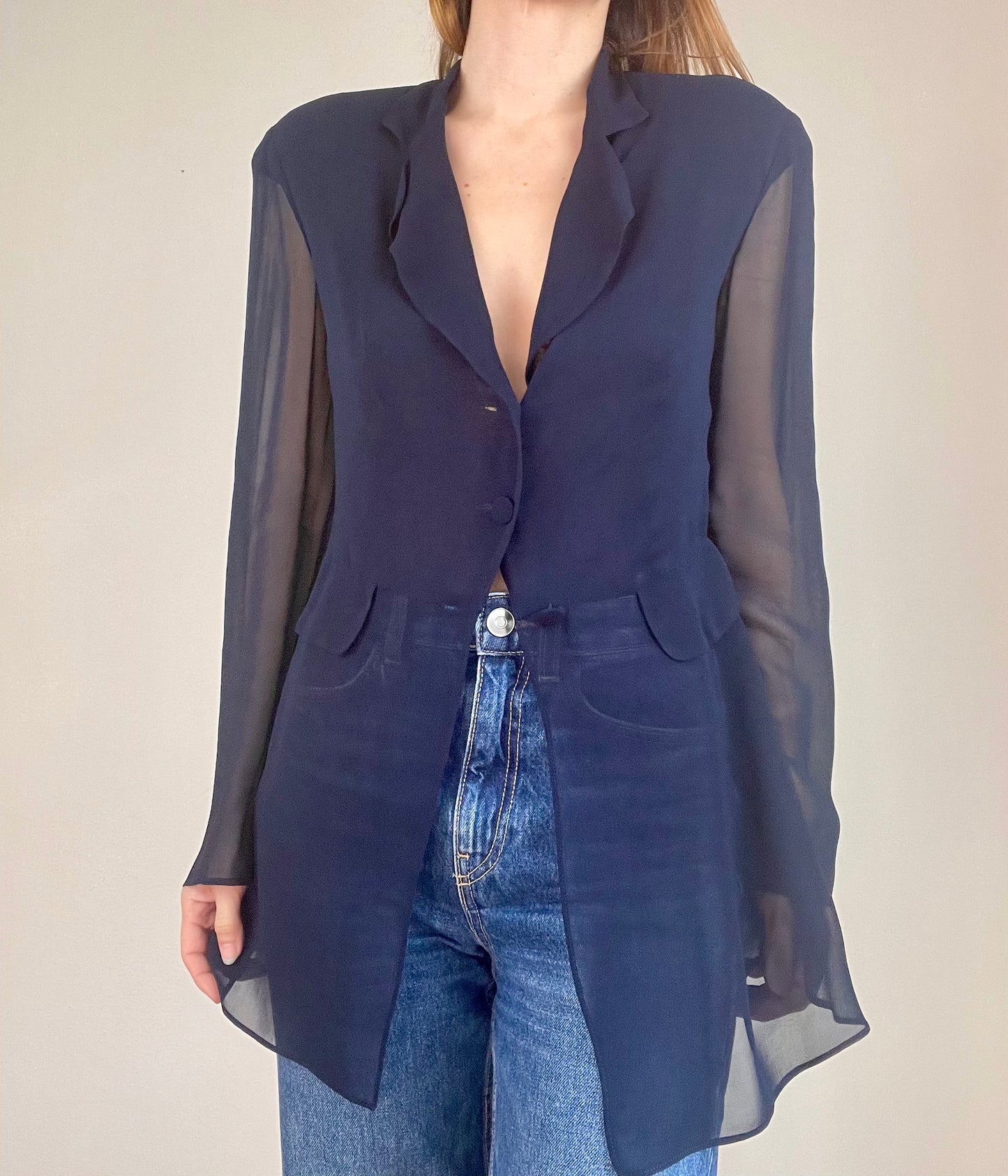 Alberta Ferretti navy blue sheer blouse jacket