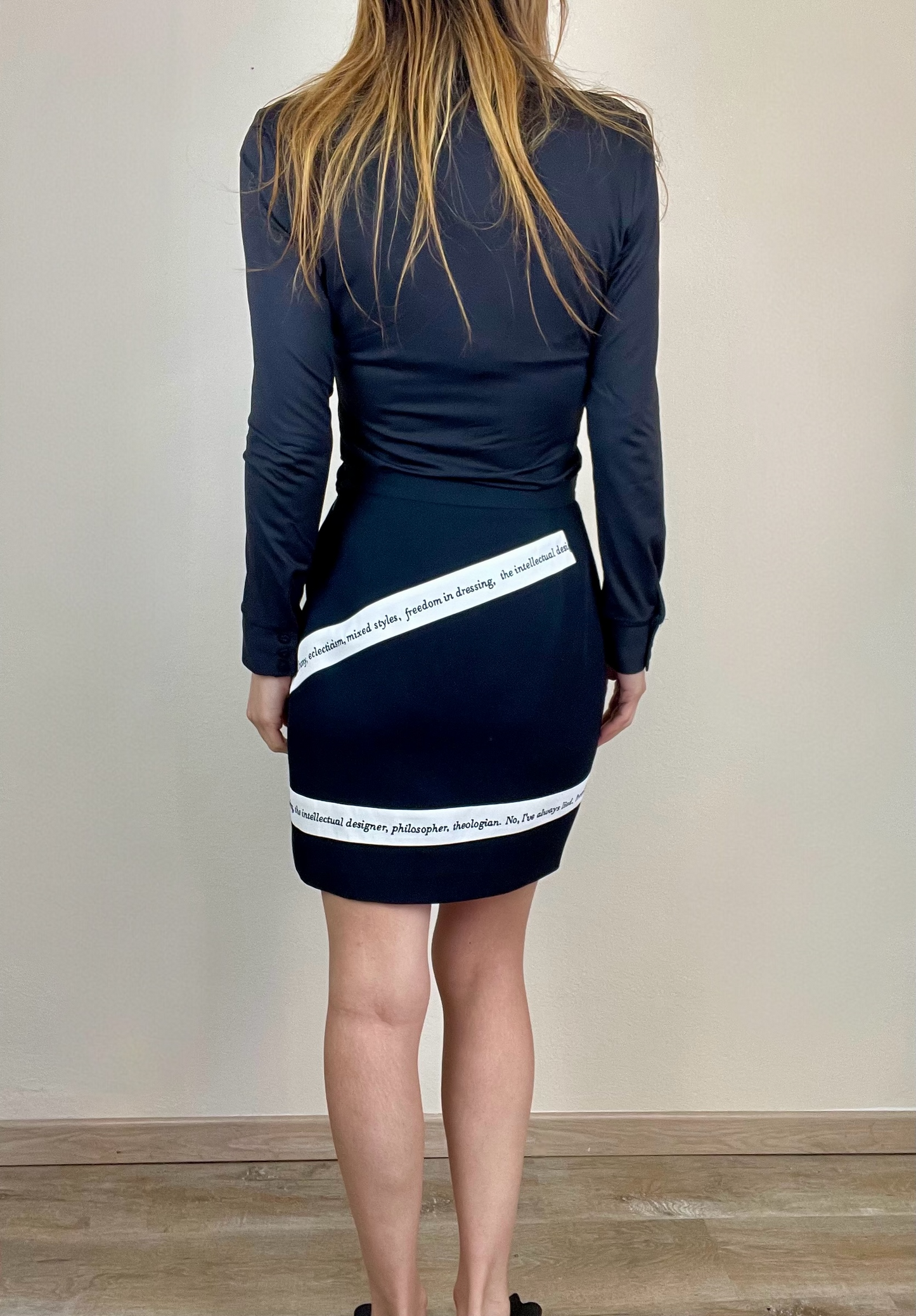 Moschino Cheap and Chic iconic text skirt suit the nanny Fran Fine