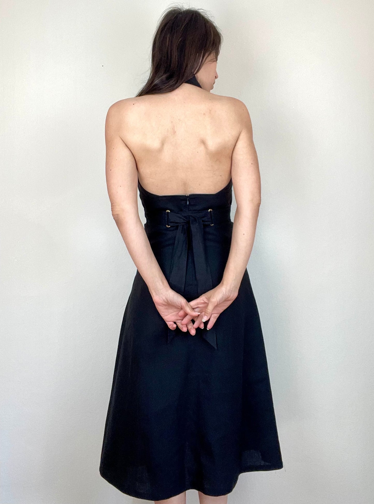 Max Mara black linen halter neck apron dress