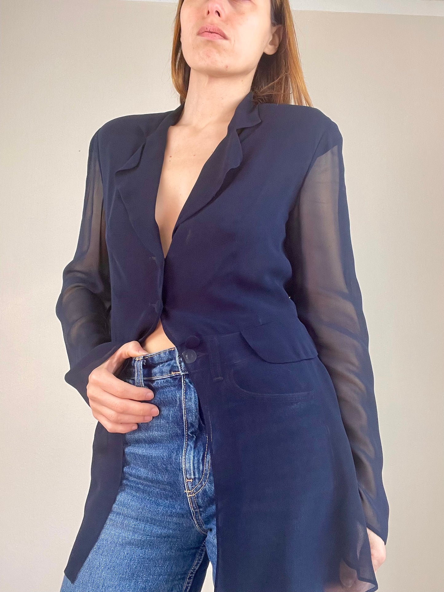 Alberta Ferretti navy blue sheer blouse jacket