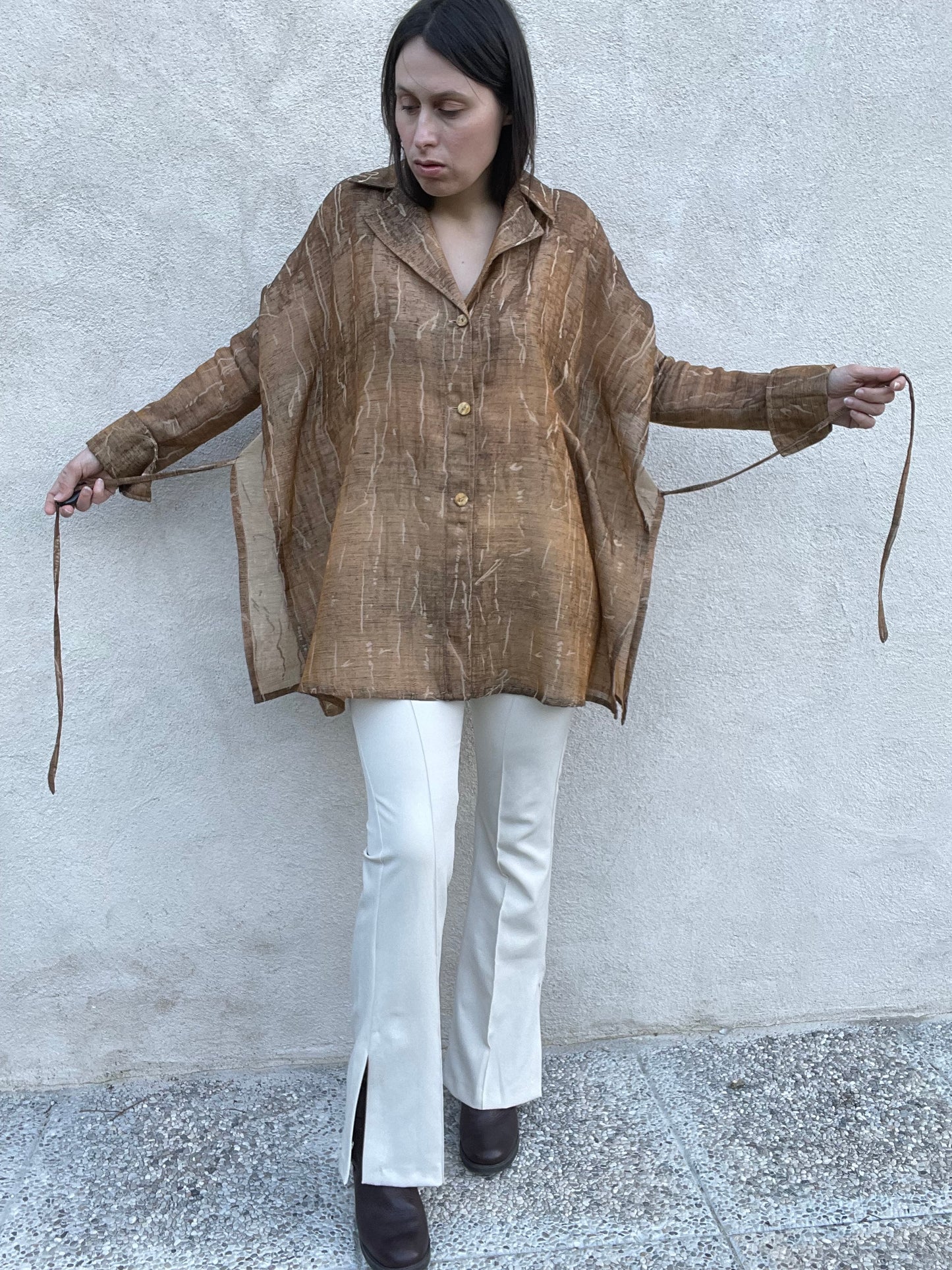 Gianfranco Ferré brown and beige cotton kimono shirt jacket