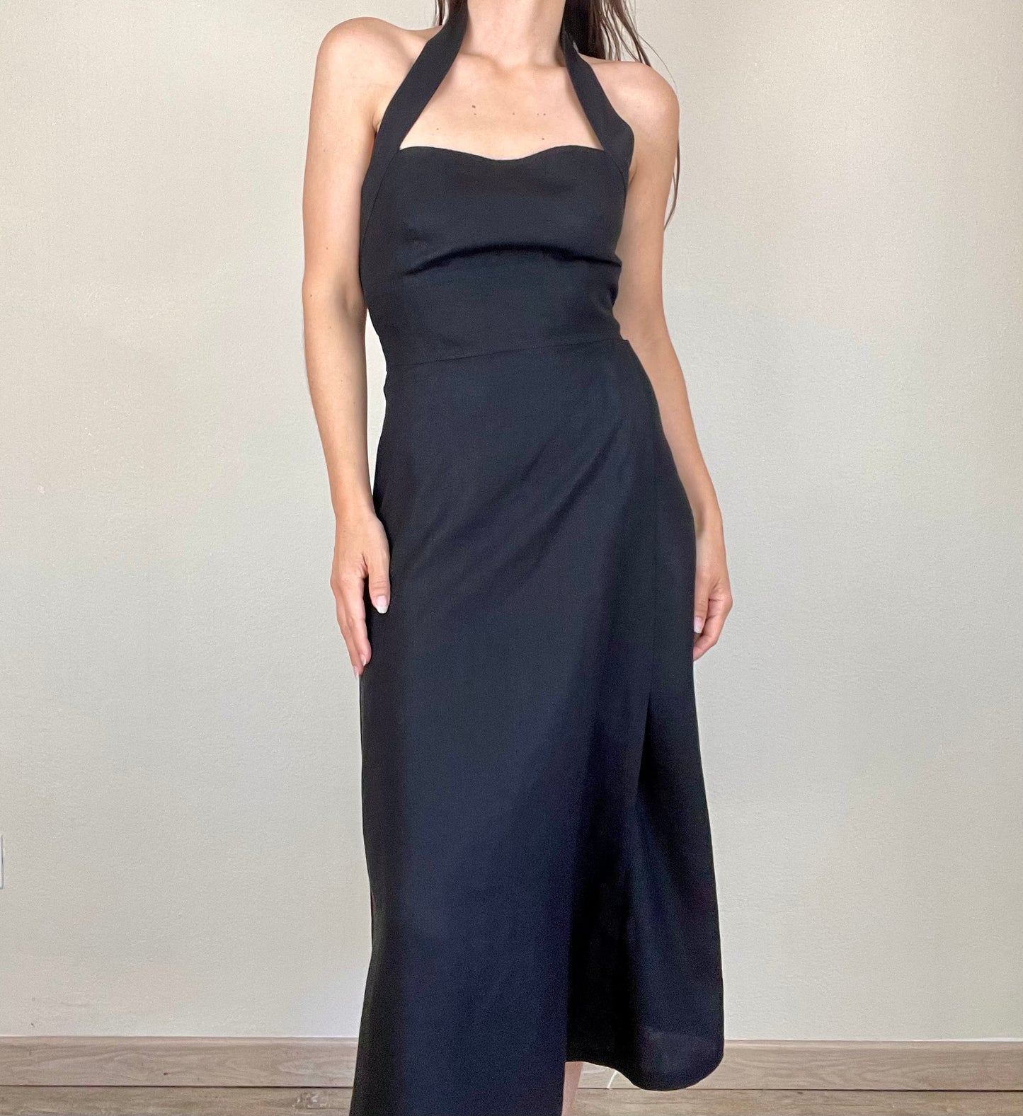Max Mara black linen halter neck apron dress